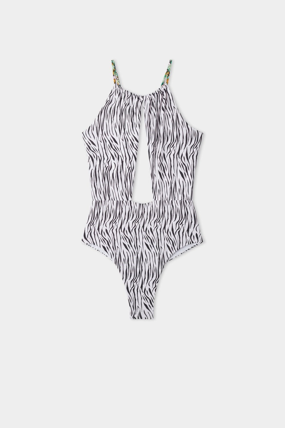 Animal Flower Print 593v Tezenis Pretty Flower Zebra Plunging Neckline One-Piece Swimsuit | 821053-HNK