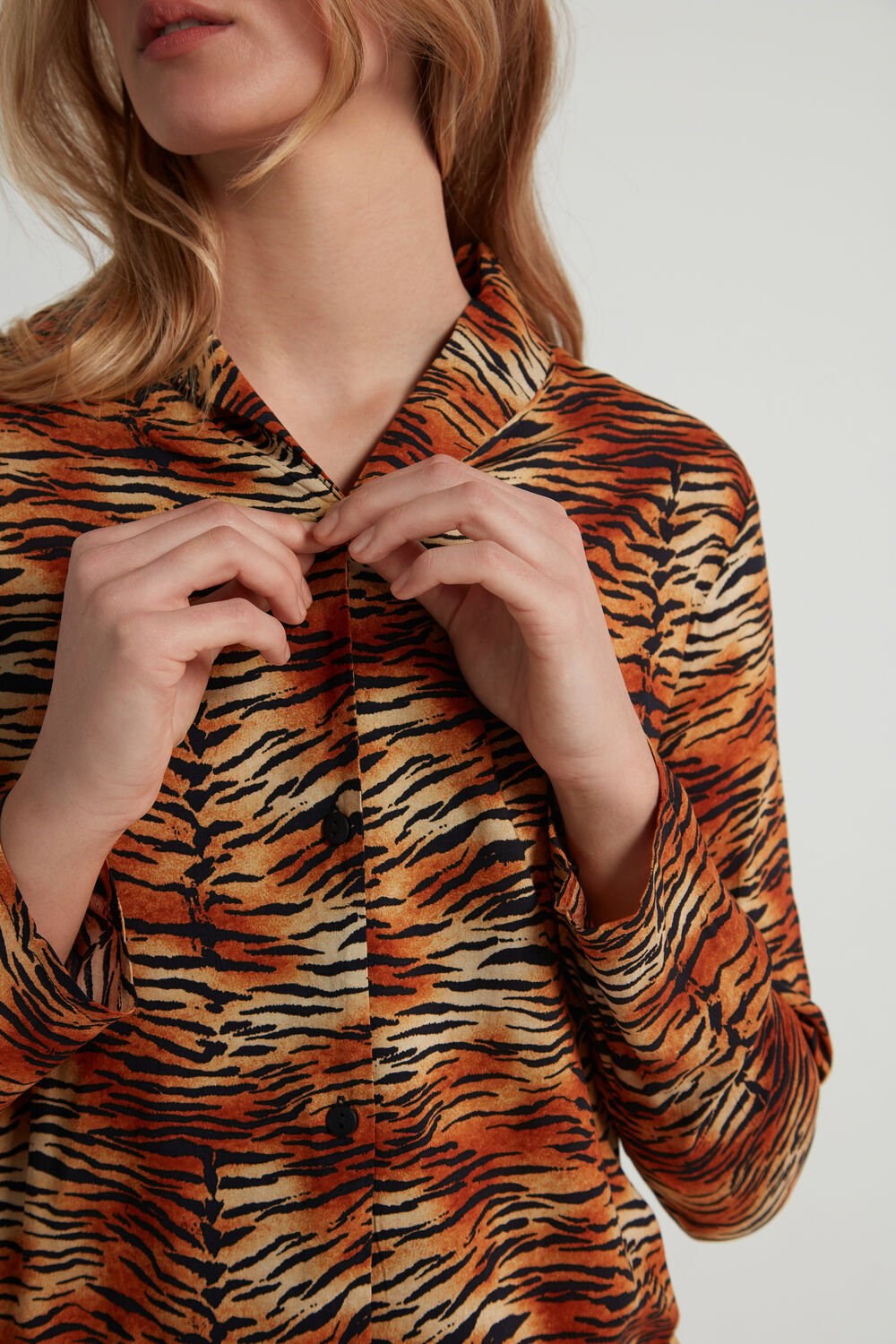 Animal Tiger Print 303v Tezenis Full-Length Printed Viscose Fabric Button-Up Pajamas | 476352-AOP