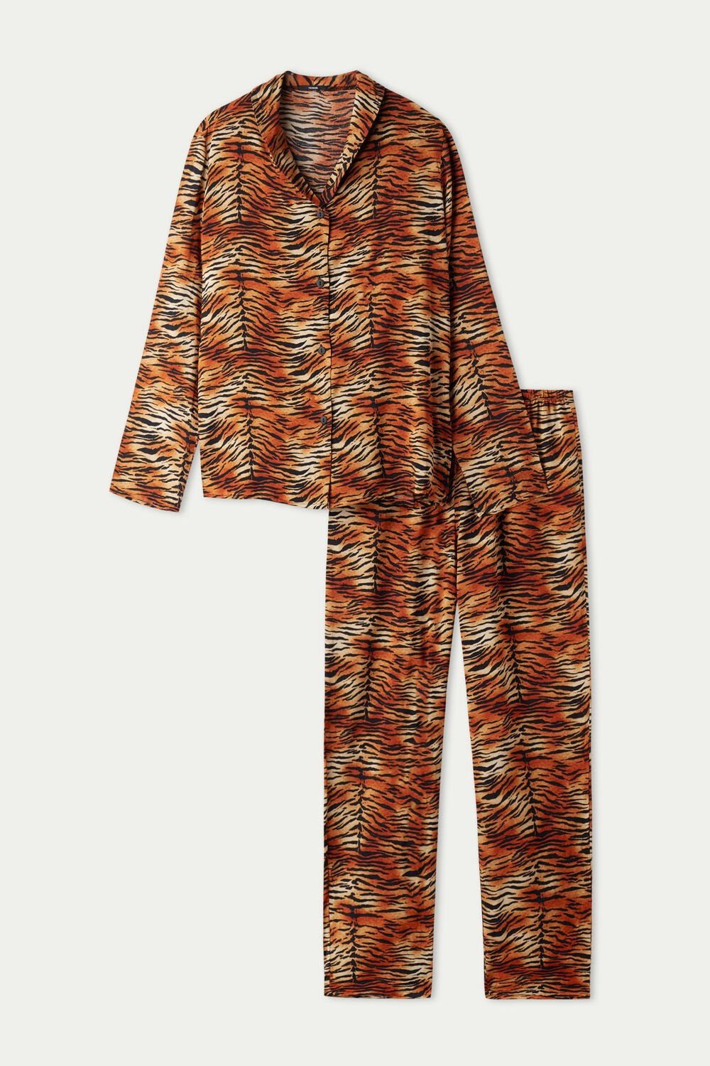 Animal Tiger Print 303v Tezenis Full-Length Printed Viscose Fabric Button-Up Pajamas | 476352-AOP