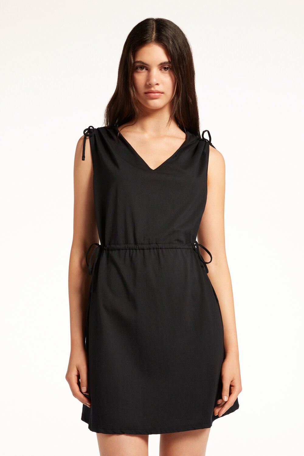 Black Black 019 Tezenis Cotton Mini Dress with Drawstring and Gathering | 314950-DHB