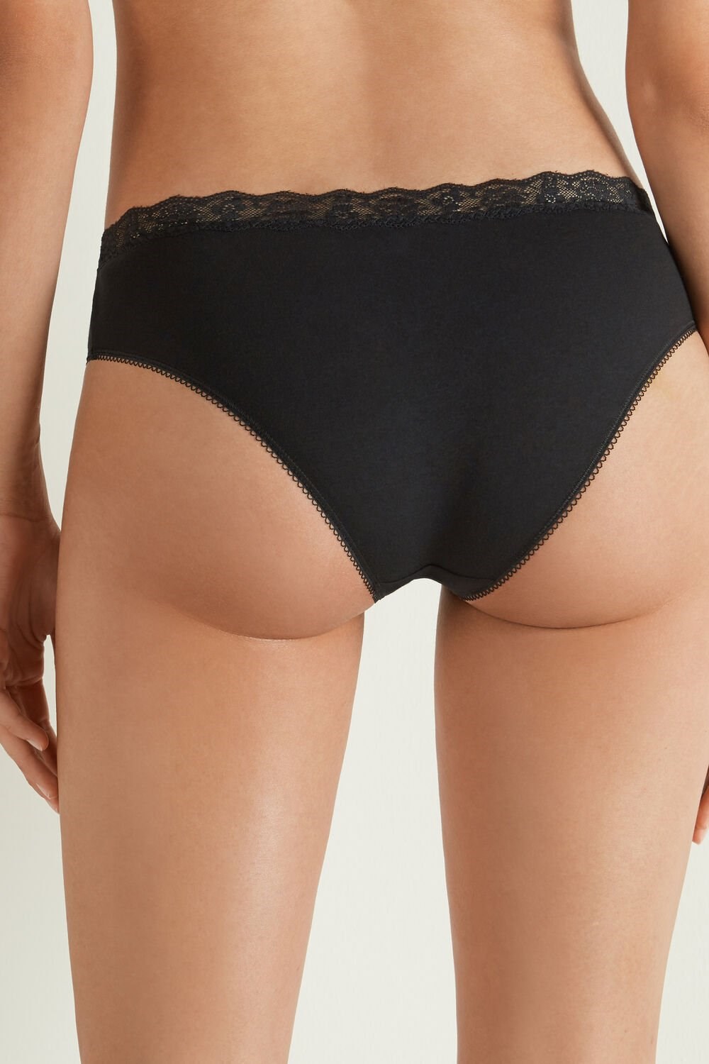 Black Black 019 Tezenis Cotton and Recycled Lace Scalloped Trim Panties | 395216-LIH