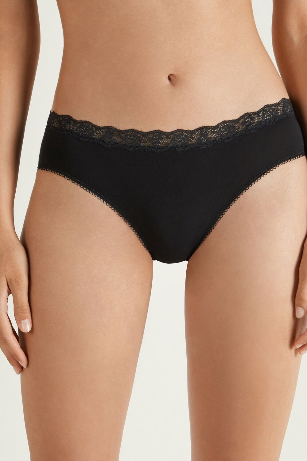 Black Black 019 Tezenis Cotton and Recycled Lace Scalloped Trim Panties | 395216-LIH