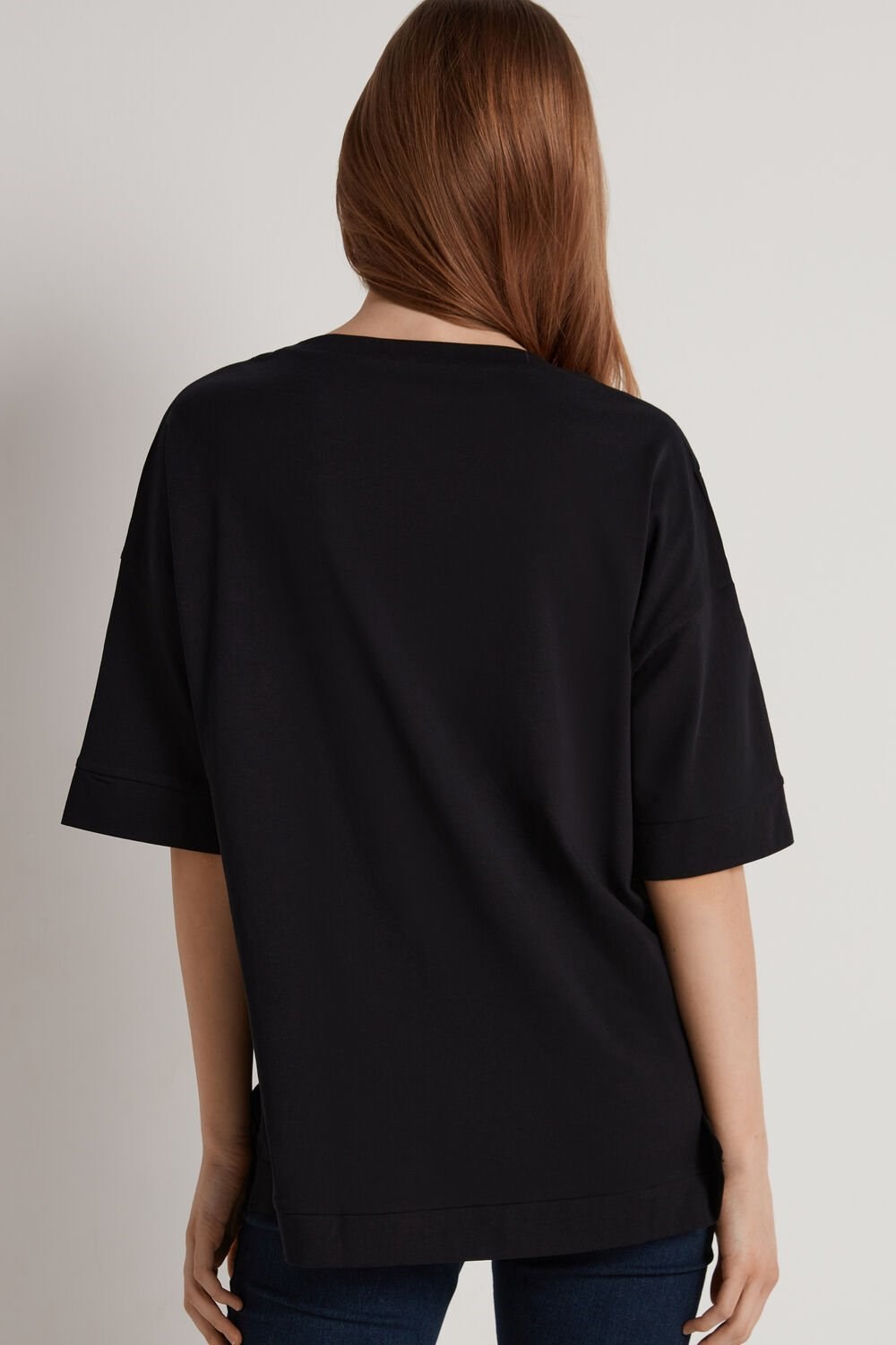 Black Black 019 Tezenis Dropped Shoulder Cotton T-Shirt with Vents | 291867-LOH