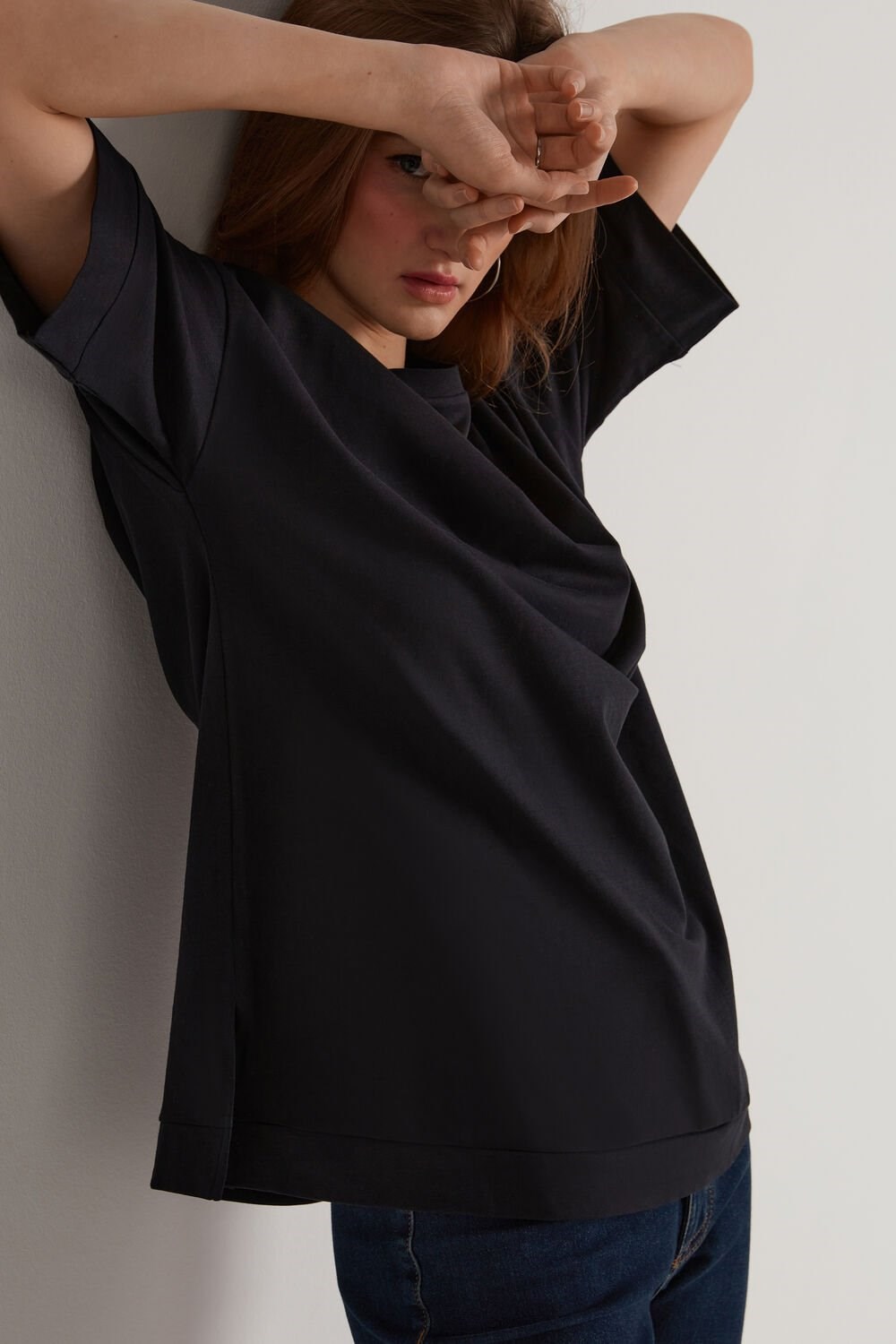 Black Black 019 Tezenis Dropped Shoulder Cotton T-Shirt with Vents | 291867-LOH