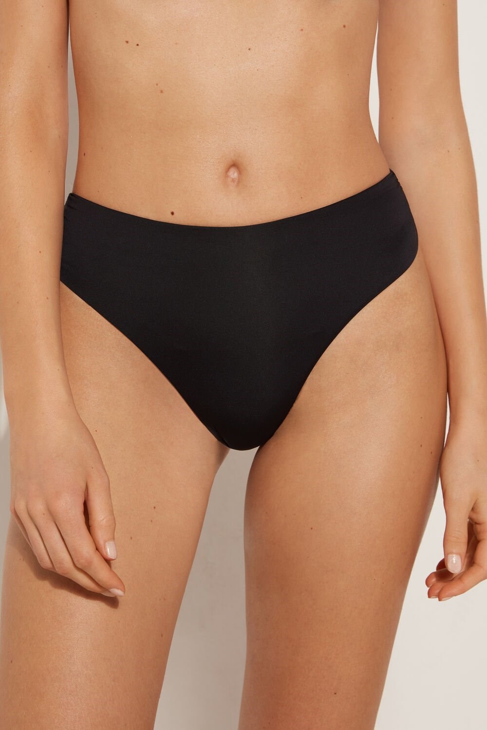 Black Black 019 Tezenis Gathered Recycled Microfiber High Cut Brazilian Bikini Bottom | 785640-JIT