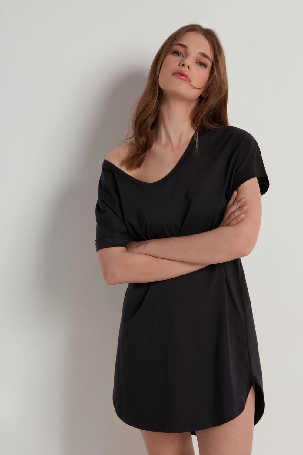 Black Black 019 Tezenis Half-Sleeve Crew-Neck Short Cotton Dress | 150964-JGY