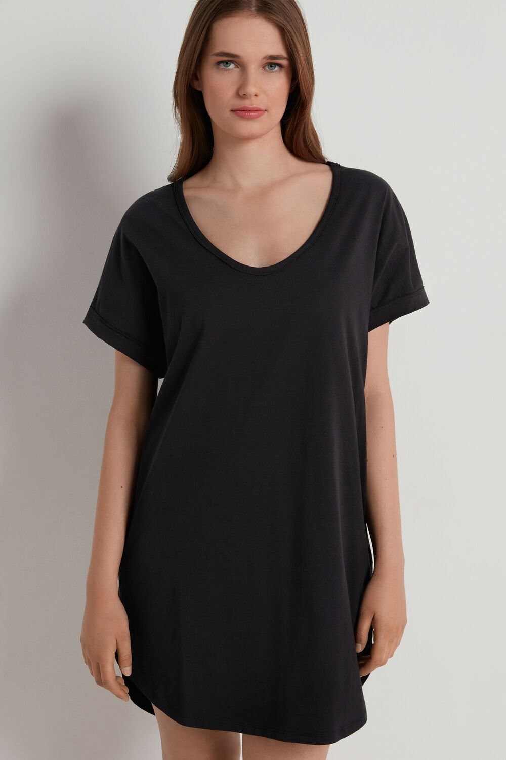 Black Black 019 Tezenis Half-Sleeve Crew-Neck Short Cotton Dress | 150964-JGY