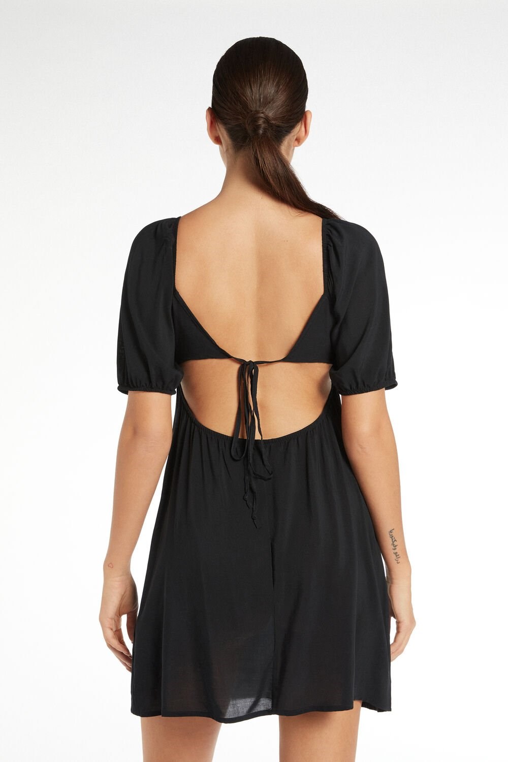 Black Black 019 Tezenis Half-Sleeve Mini Dress with Crisscross Back | 923016-HVT