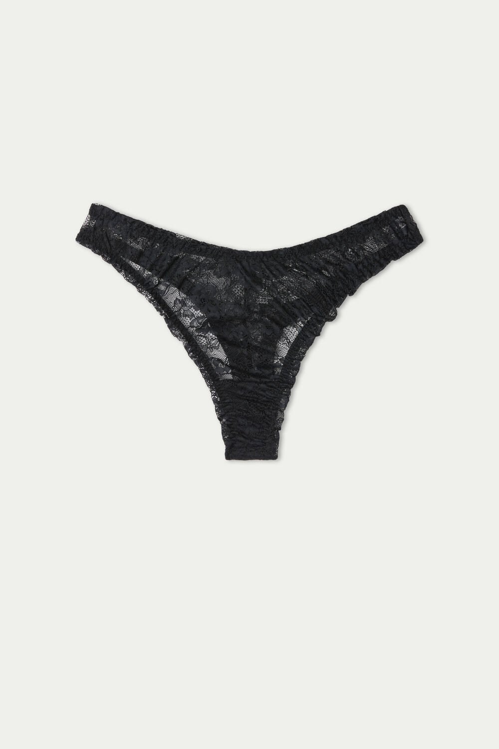 Black Black 019 Tezenis High-Cut Gathered Lace Brazilian Panties | 925378-ECR