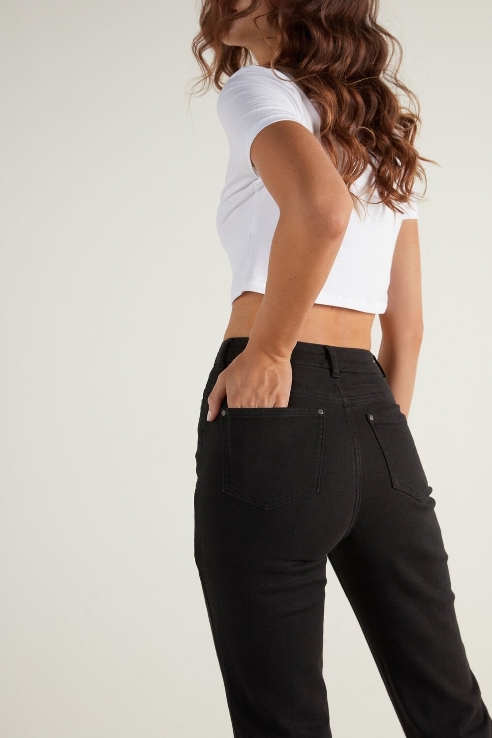 Black Black 019 Tezenis High Waist Straight Leg Denim Pants with Pockets | 415392-KLI