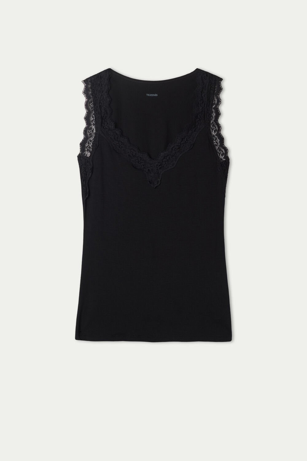 Black Black 019 Tezenis Lace Wide Strap V-Neck Viscose Camisole | 289037-EWP