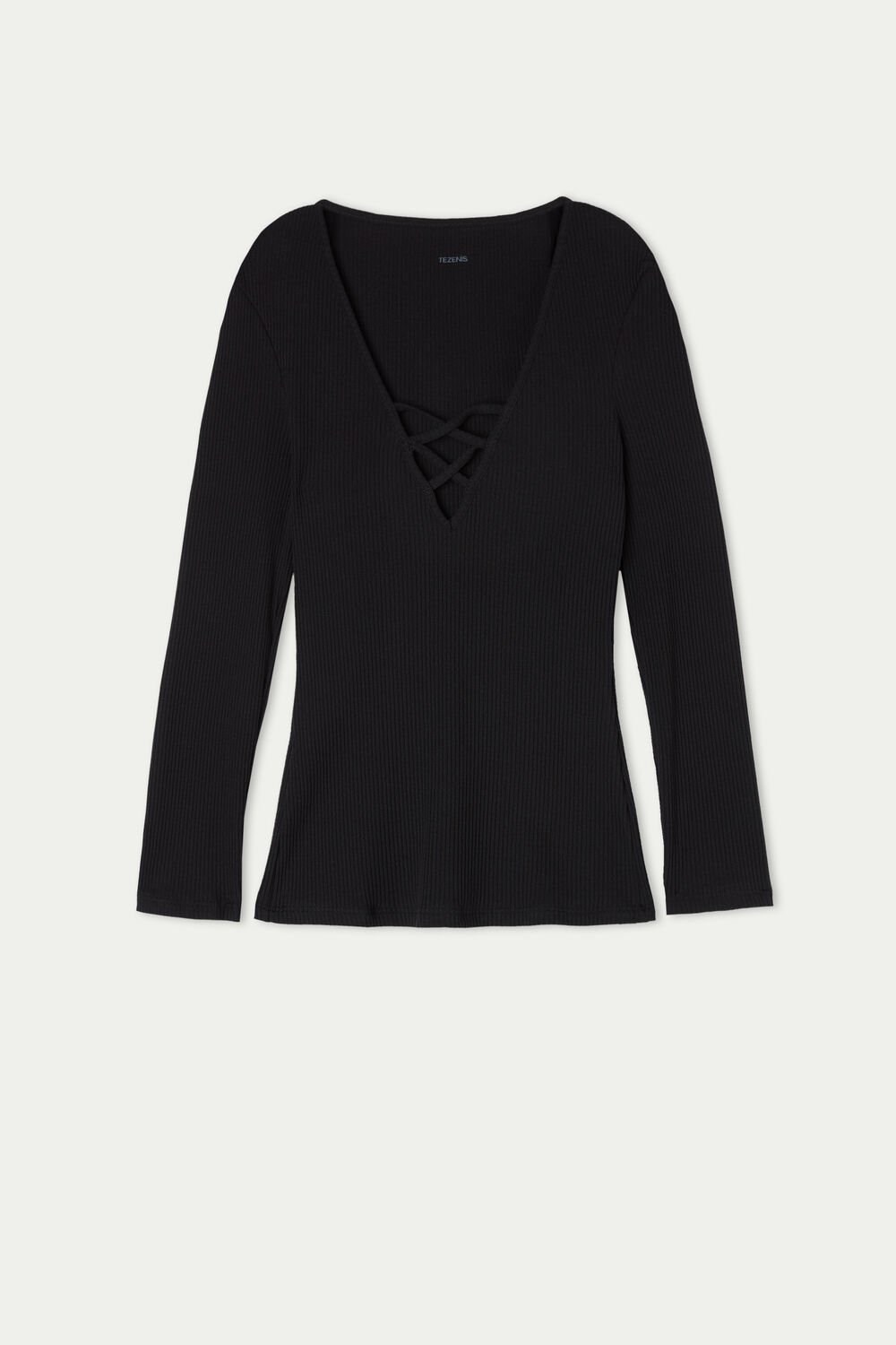 Black Black 019 Tezenis Long-Sleeve Ribbed V-Neck Sweater with Criss-Cross Detail | 786450-SMN