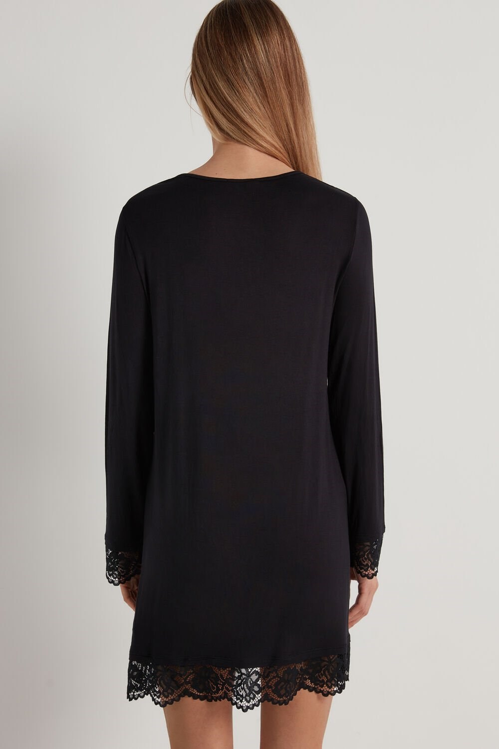 Black Black 019 Tezenis Long-Sleeve Viscose and Lace Nightgown | 168459-UZY