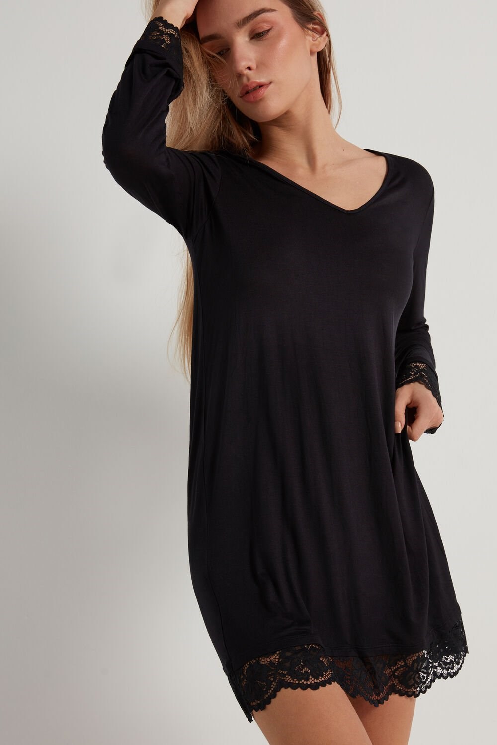 Black Black 019 Tezenis Long-Sleeve Viscose and Lace Nightgown | 168459-UZY