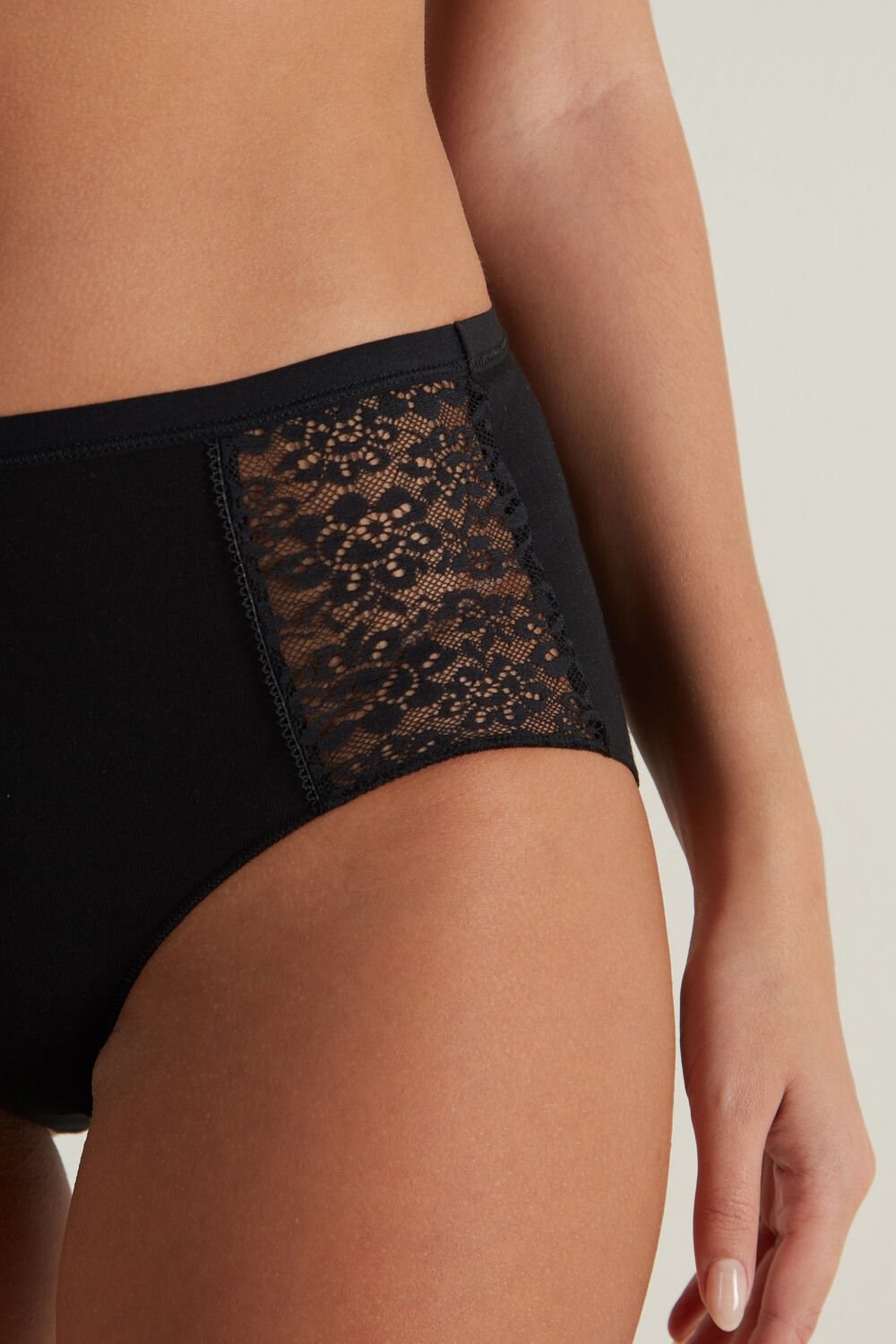 Black Black 019 Tezenis Recycled Cotton and Lace High-Leg Panties | 312698-EWK