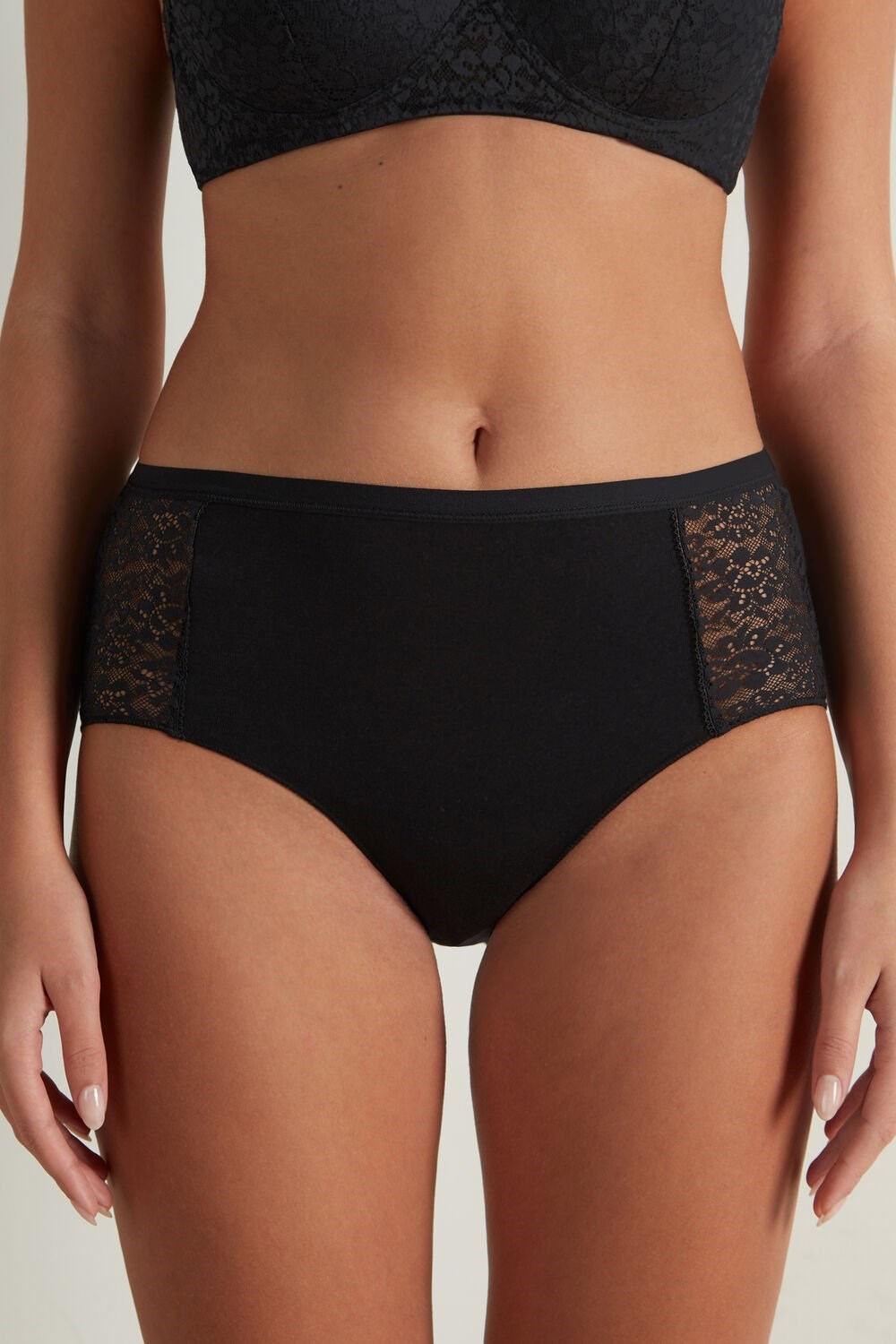 Black Black 019 Tezenis Recycled Cotton and Lace High-Leg Panties | 312698-EWK