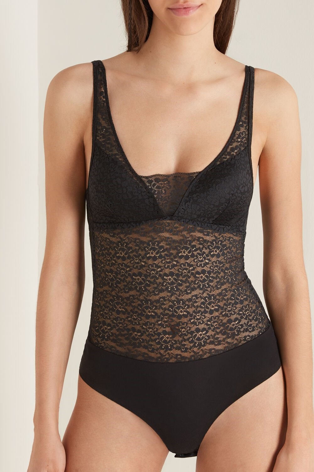 Black Black 019 Tezenis Recycled Lace Padded Triangle Bodysuit | 563741-CSW