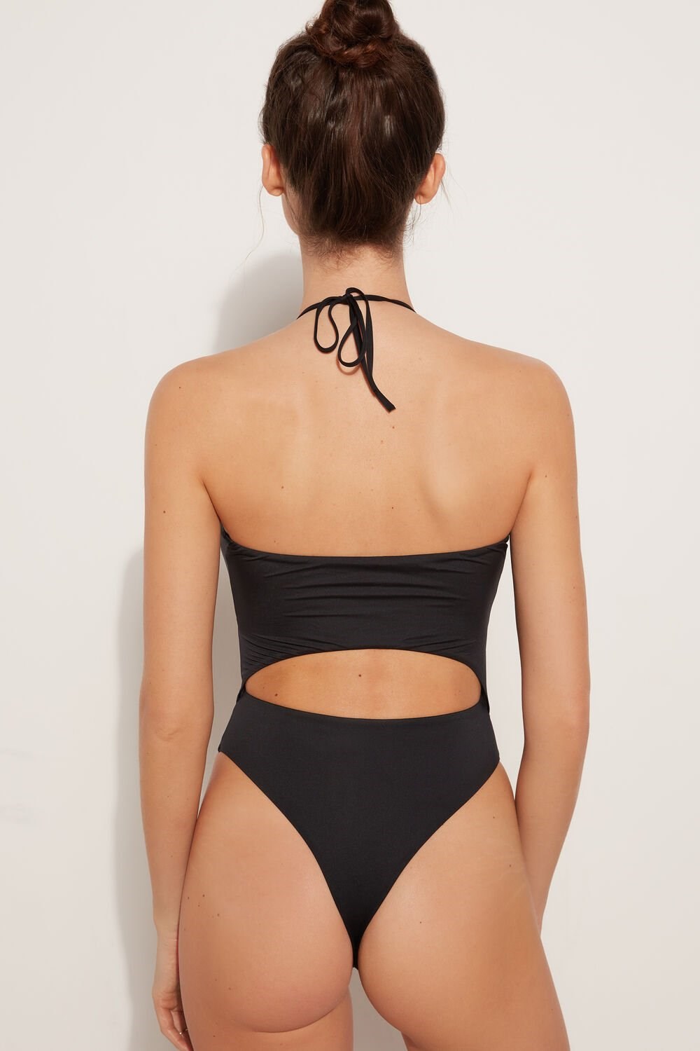 Black Black 019 Tezenis Recycled Microfiber High Cut One Piece Swimsuit with Drawstring Cut Out | 293604-CGH