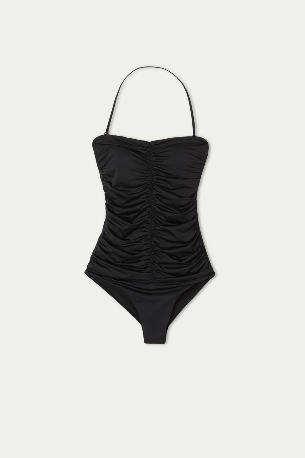 Black Black 019 Tezenis Recycled Microfiber Ruched Bandeau One-Piece Swimsuit | 614983-AKB