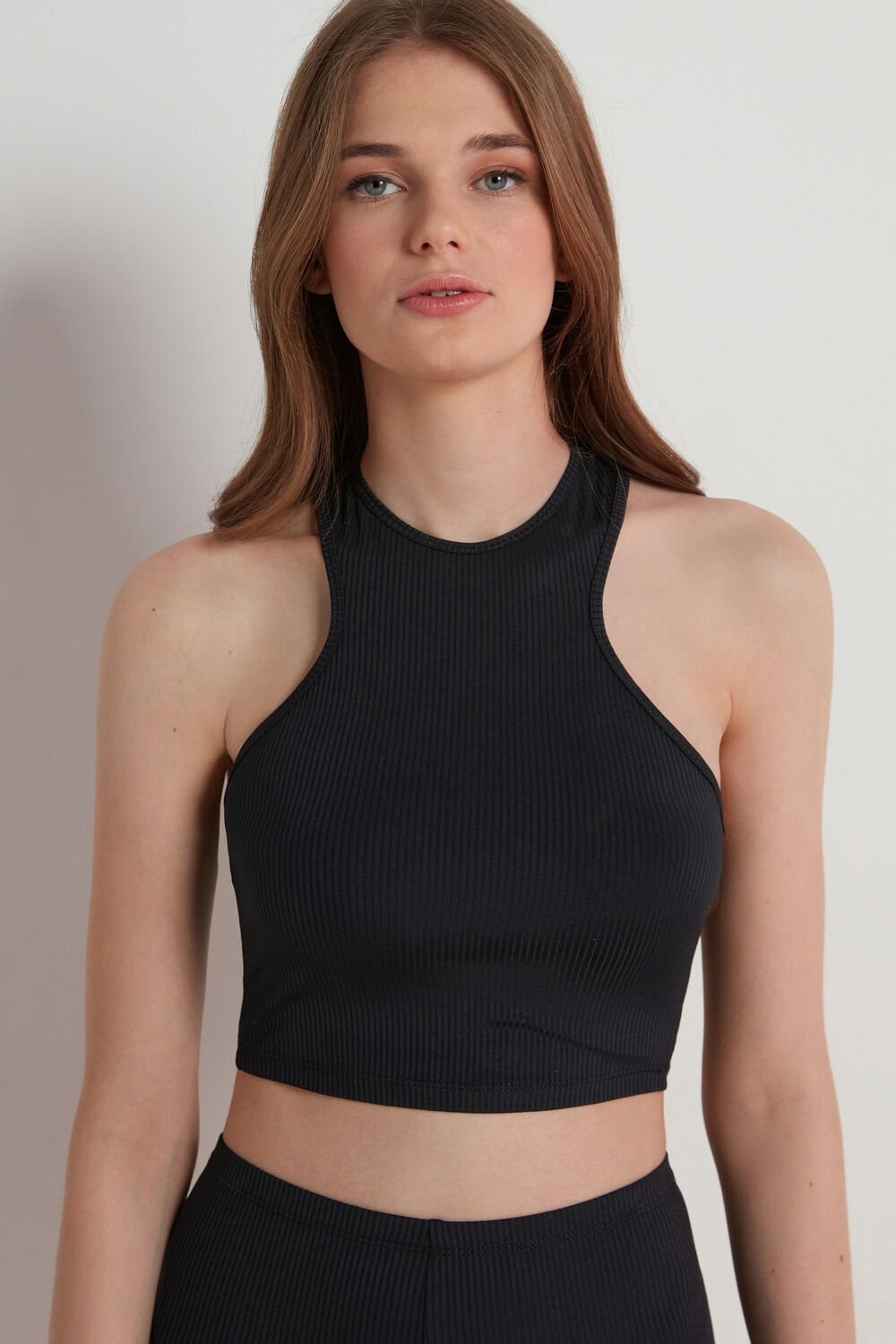 Black Black 019 Tezenis Ribbed Cotton Cropped Racerback Tank Top | 492617-PZH