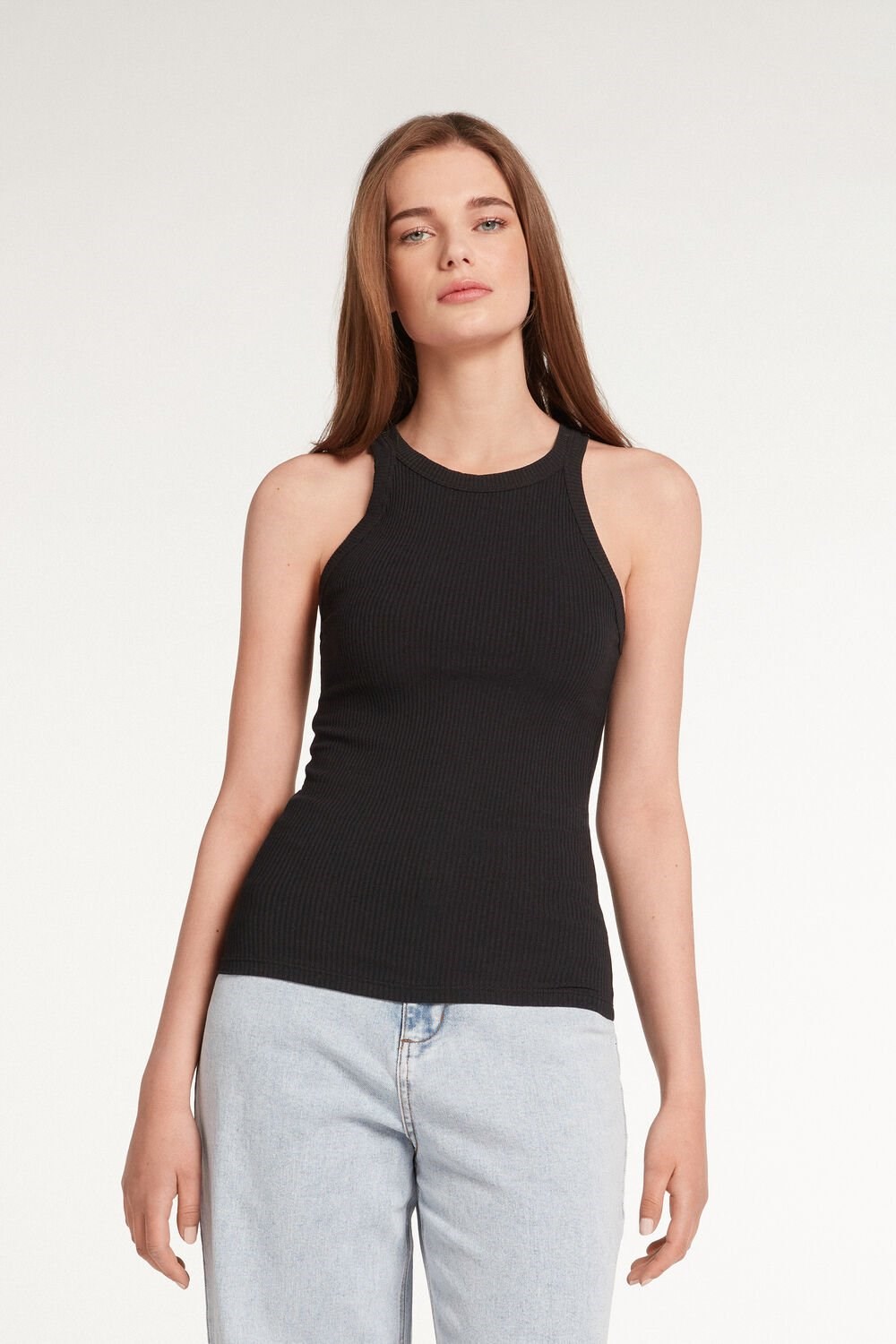 Black Black 019 Tezenis Ribbed Cotton Racerback Tank Top | 148607-JYU