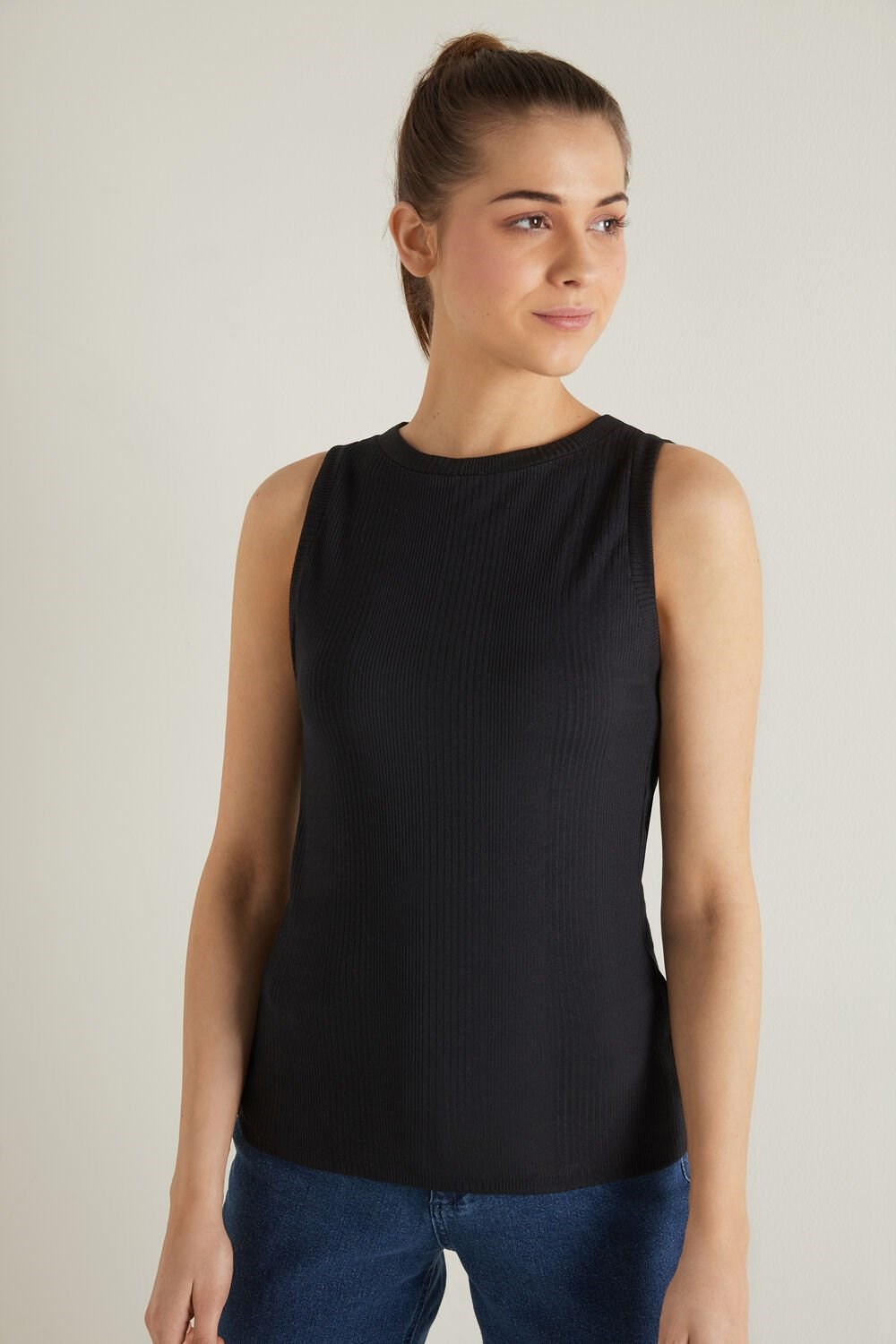 Black Black 019 Tezenis Ribbed Wide Strap Tank Top | 824017-LXF