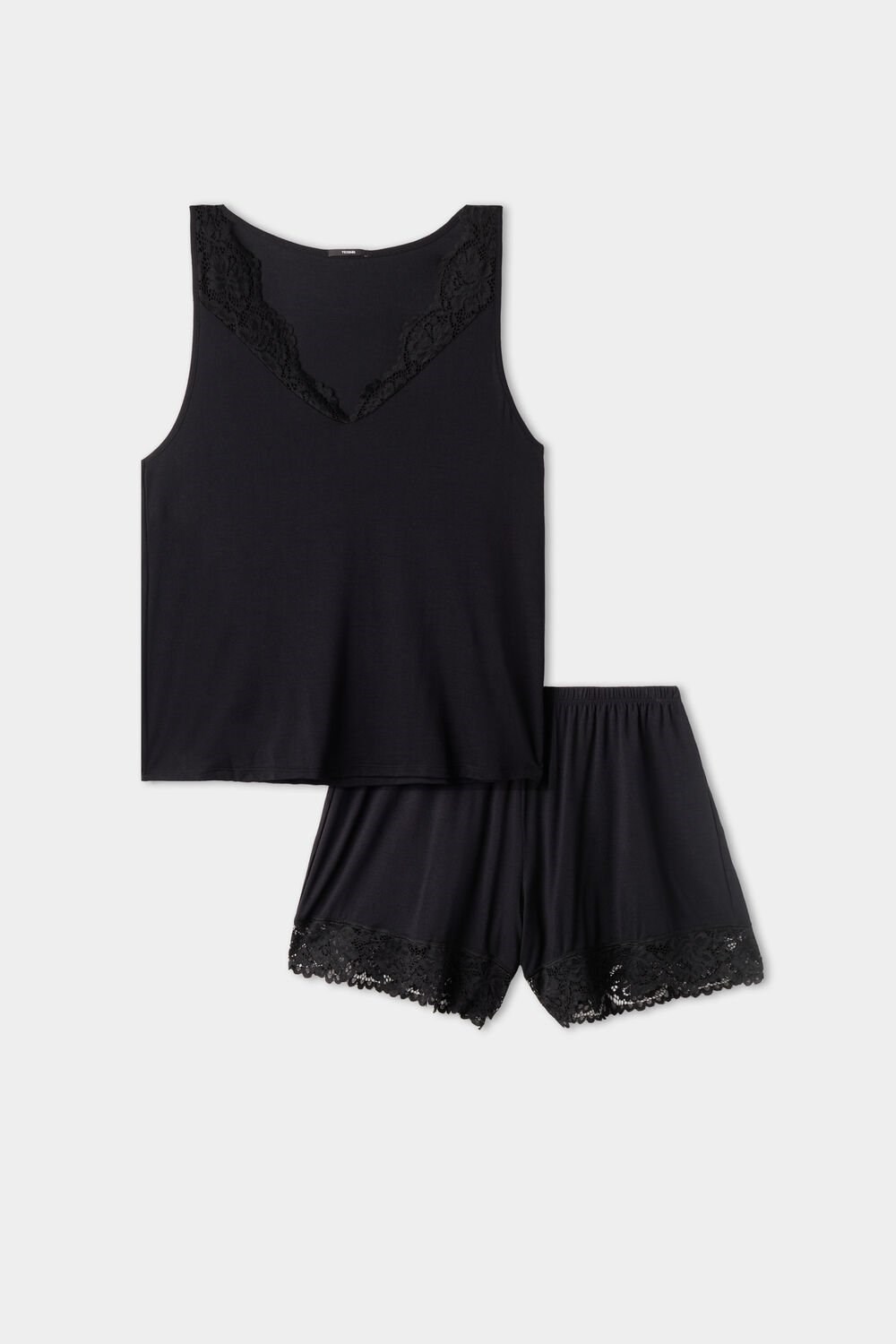 Black Black 019 Tezenis Short Sleeveless Pajamas in Viscose and Lace | 147689-PEW