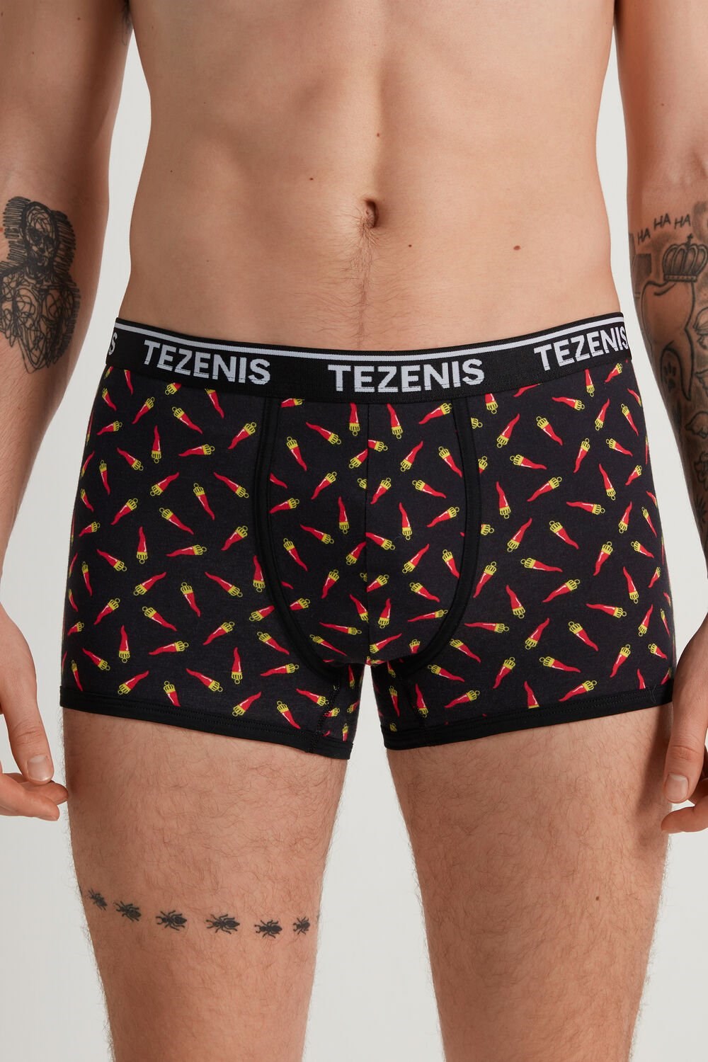 Black Black Croissant Print 549v Tezenis Printed Cotton Logo Boxers with Contrasting Trim | 163902-QIN