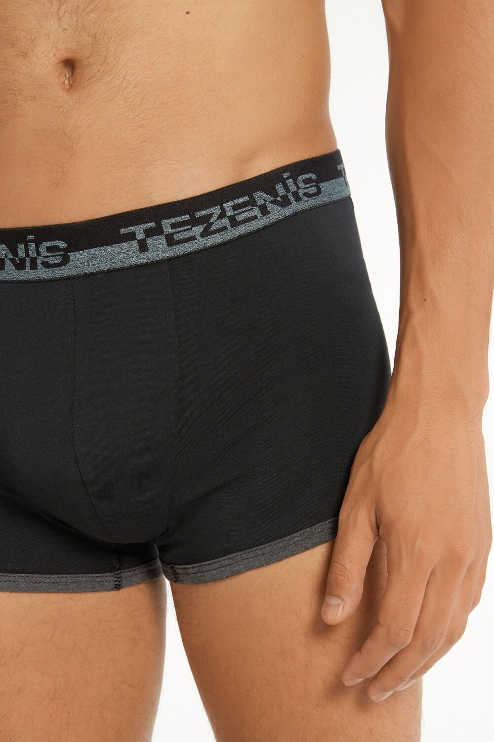 Black Black/Dark Gray Heather 6019 Tezenis Cotton Boxers with Logo Elastic Band | 965203-DNT