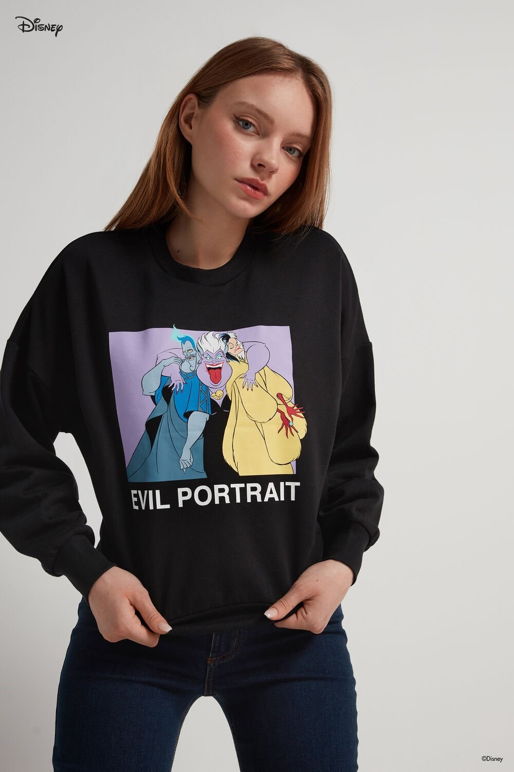 Black Black Evil Portrait Print 372v Tezenis Disney Villains Long Sleeve Crewneck Sweatshirt | 180459-HYO