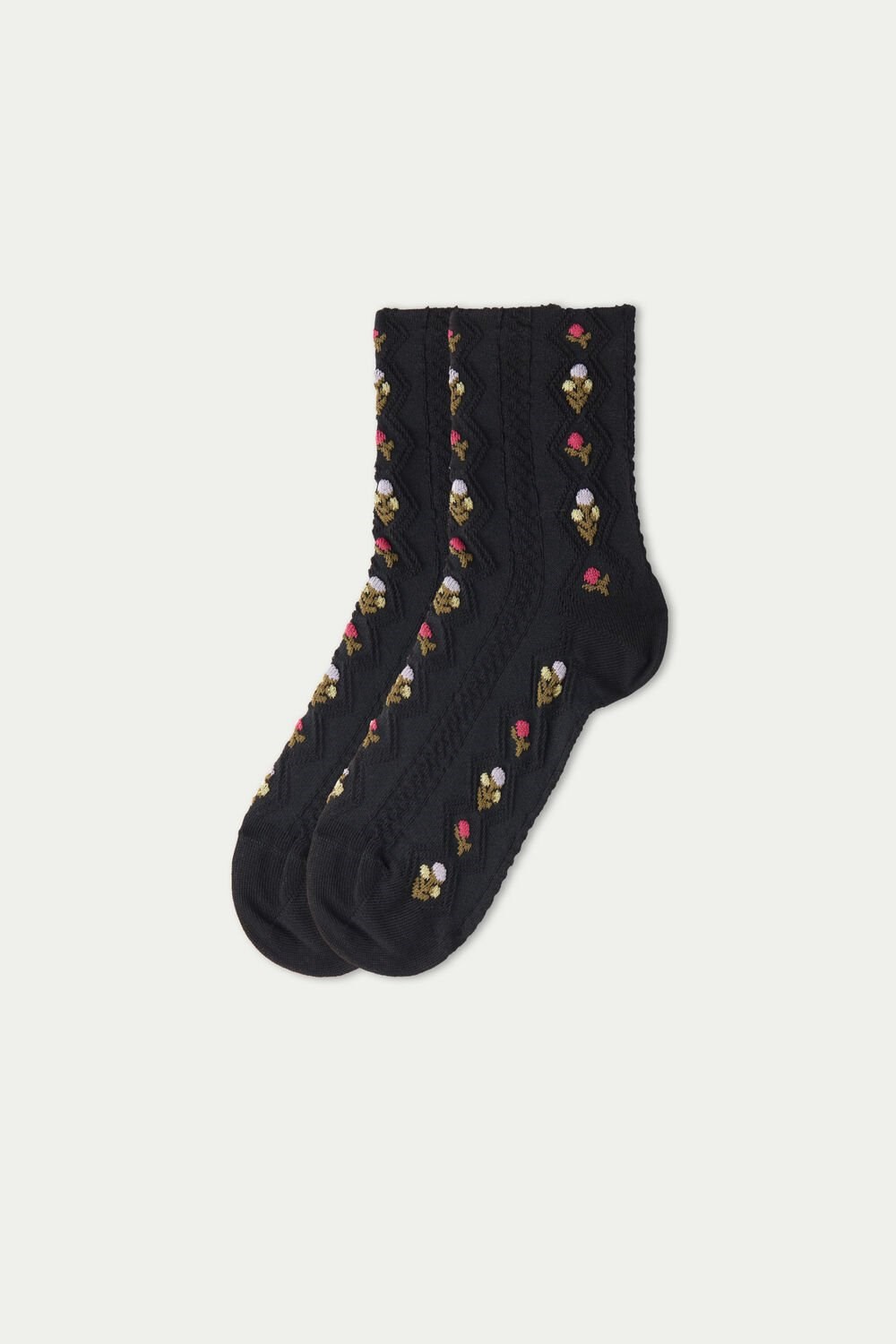 Black Black Flower Trim 465v Tezenis Patterned Cotton Crew Socks | 750839-UOA