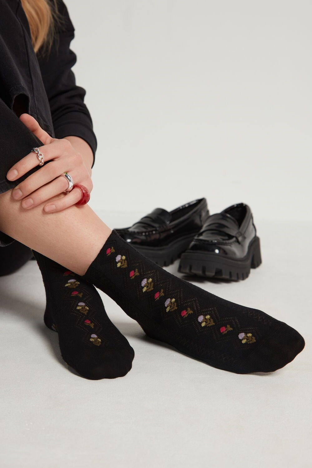 Black Black Flower Trim 465v Tezenis Patterned Cotton Crew Socks | 750839-UOA