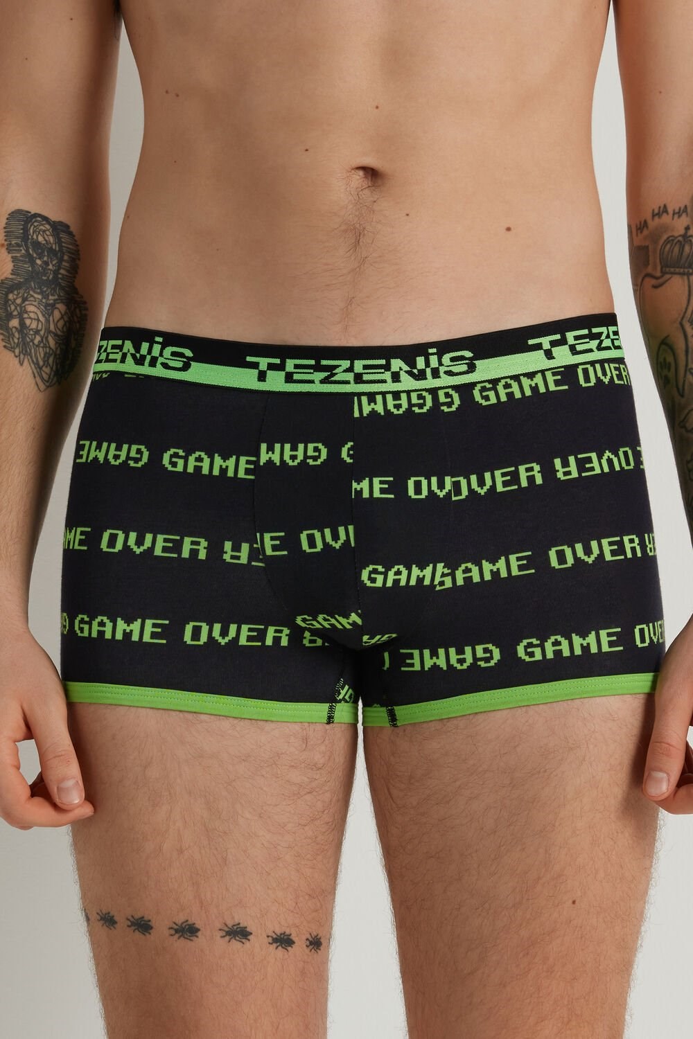 Black Black Game Over Print 429v Tezenis Printed Cotton Boxers with Logo Elastic Waistband | 091673-KTE