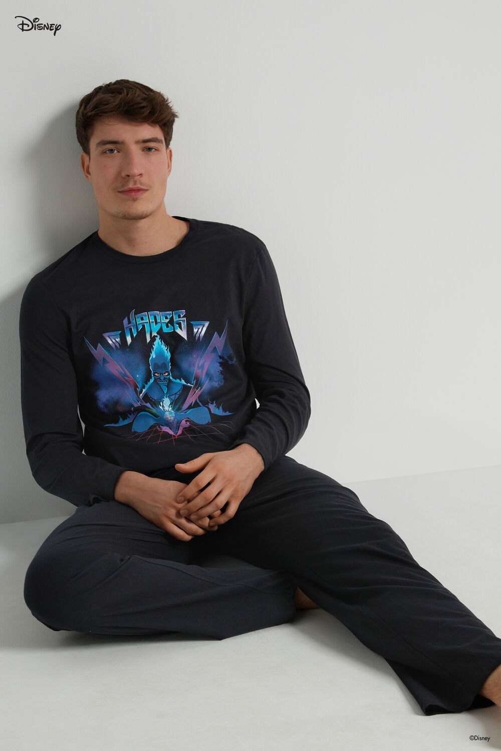 Black Black Hades Print 375v Tezenis Men’s Full-Length Cotton Pajamas with Disney Hades Print | 472590-XCJ