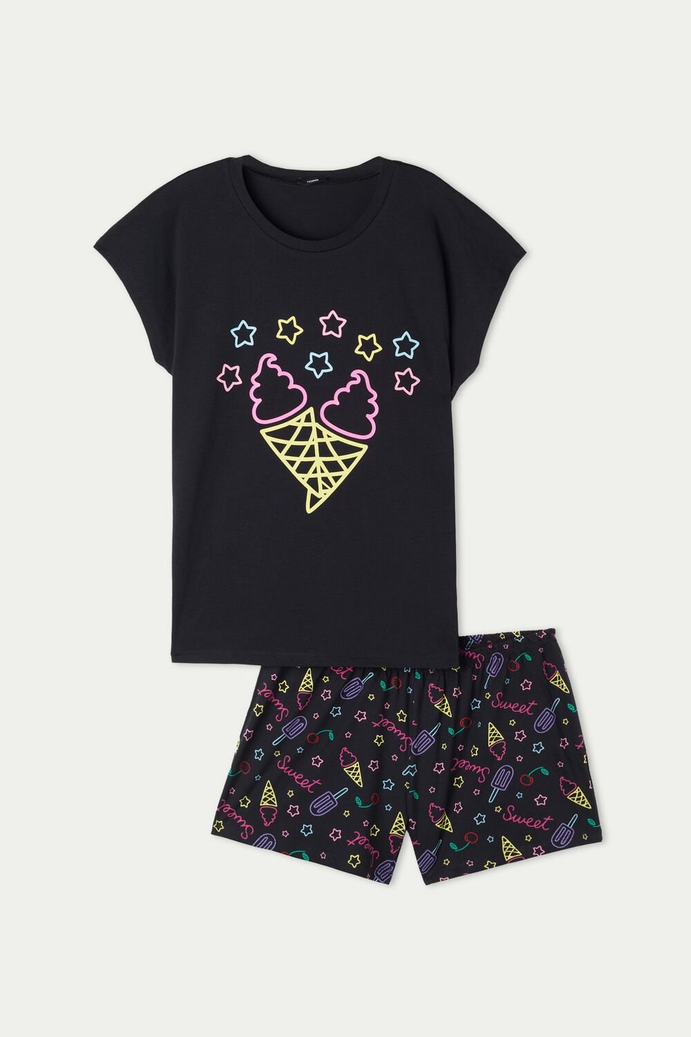 Black Black Ice Cream Print 374v Tezenis Ice Cream Print Short Cotton Pajamas | 143687-HFD