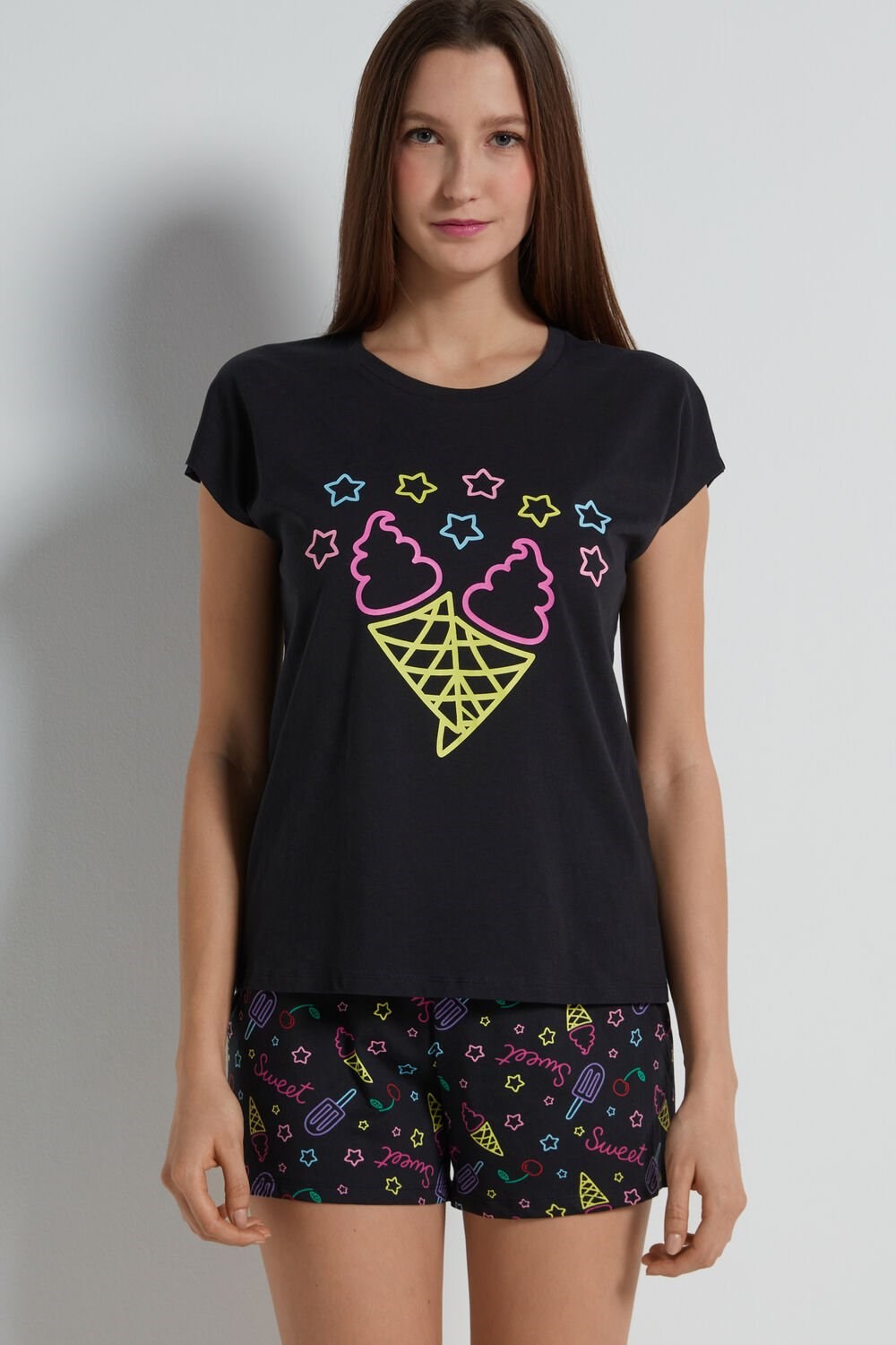 Black Black Ice Cream Print 374v Tezenis Ice Cream Print Short Cotton Pajamas | 143687-HFD