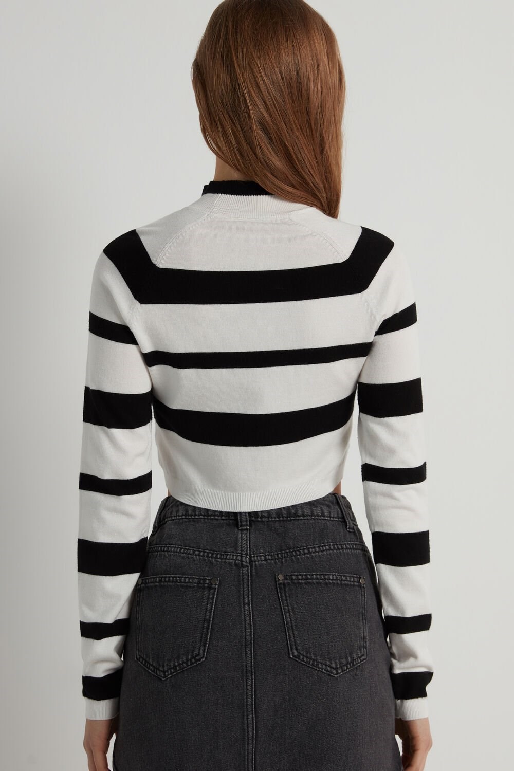 Black Black/Milk White Stripes 317v Tezenis Long-Sleeve Mock Turtleneck Crop Top | 064823-IXL