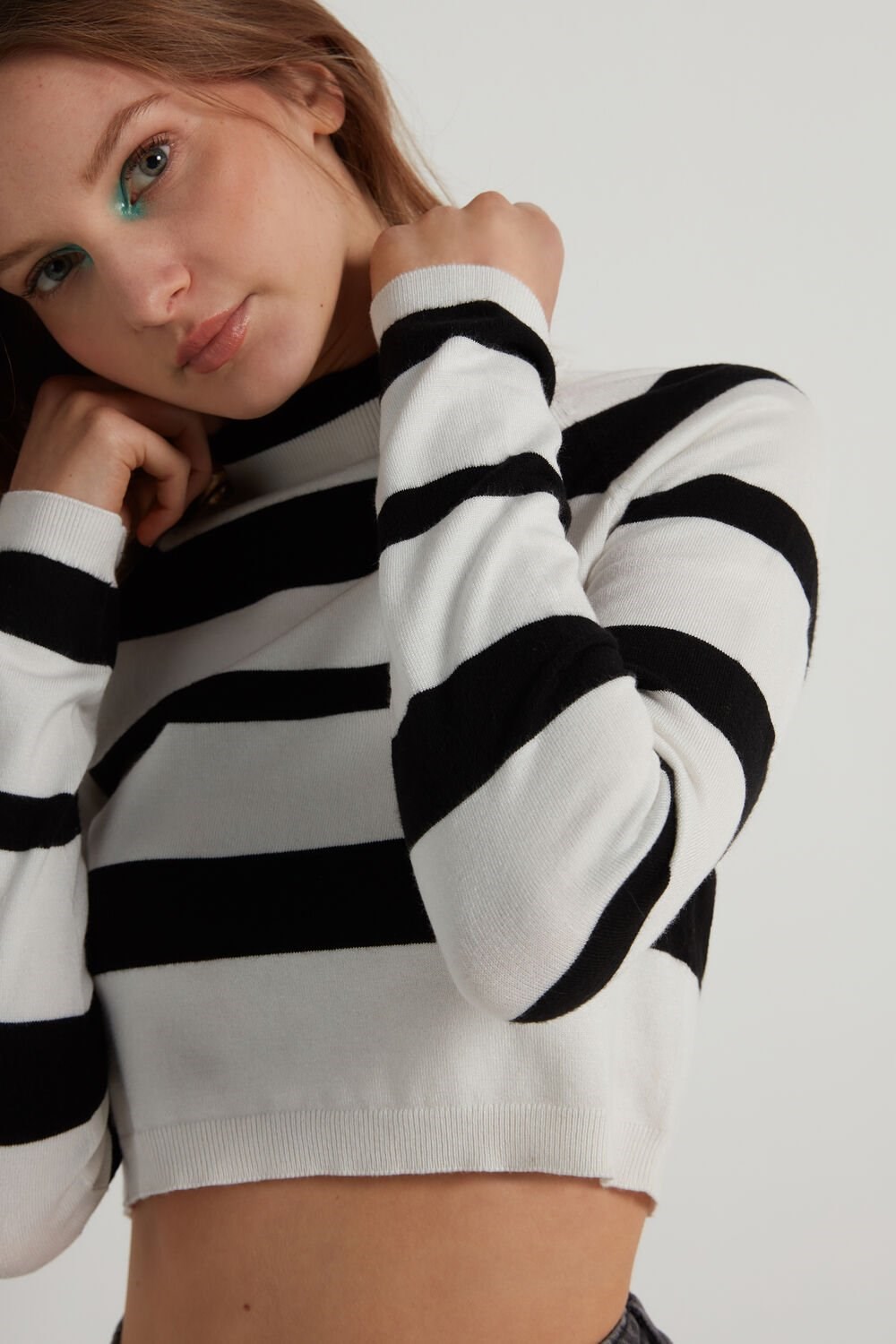 Black Black/Milk White Stripes 317v Tezenis Long-Sleeve Mock Turtleneck Crop Top | 064823-IXL