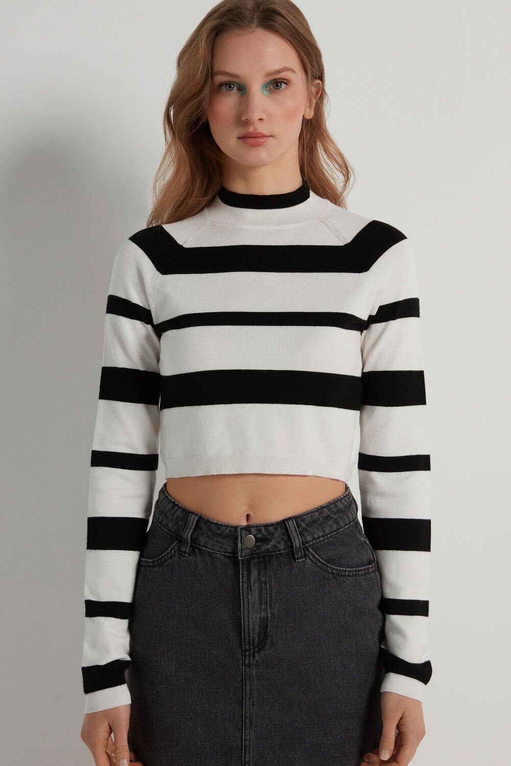 Black Black/Milk White Stripes 317v Tezenis Long-Sleeve Mock Turtleneck Crop Top | 064823-IXL