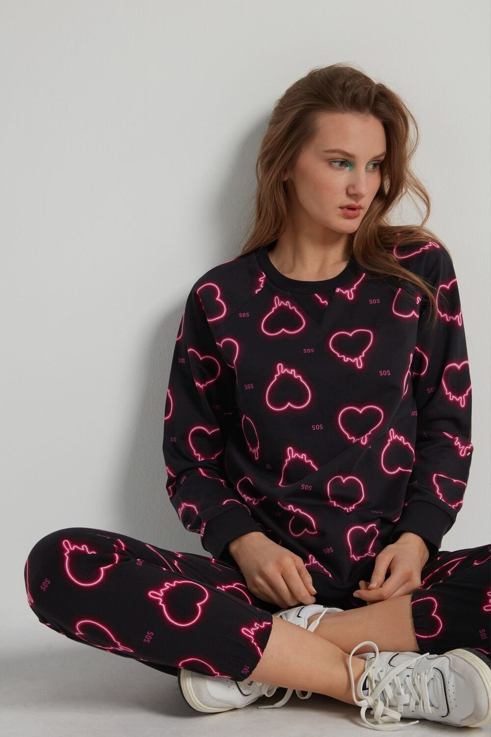 Black Black Neon Hearts Print 332v Tezenis Long-Sleeve Printed Cotton Sweatshirt | 613425-TDP