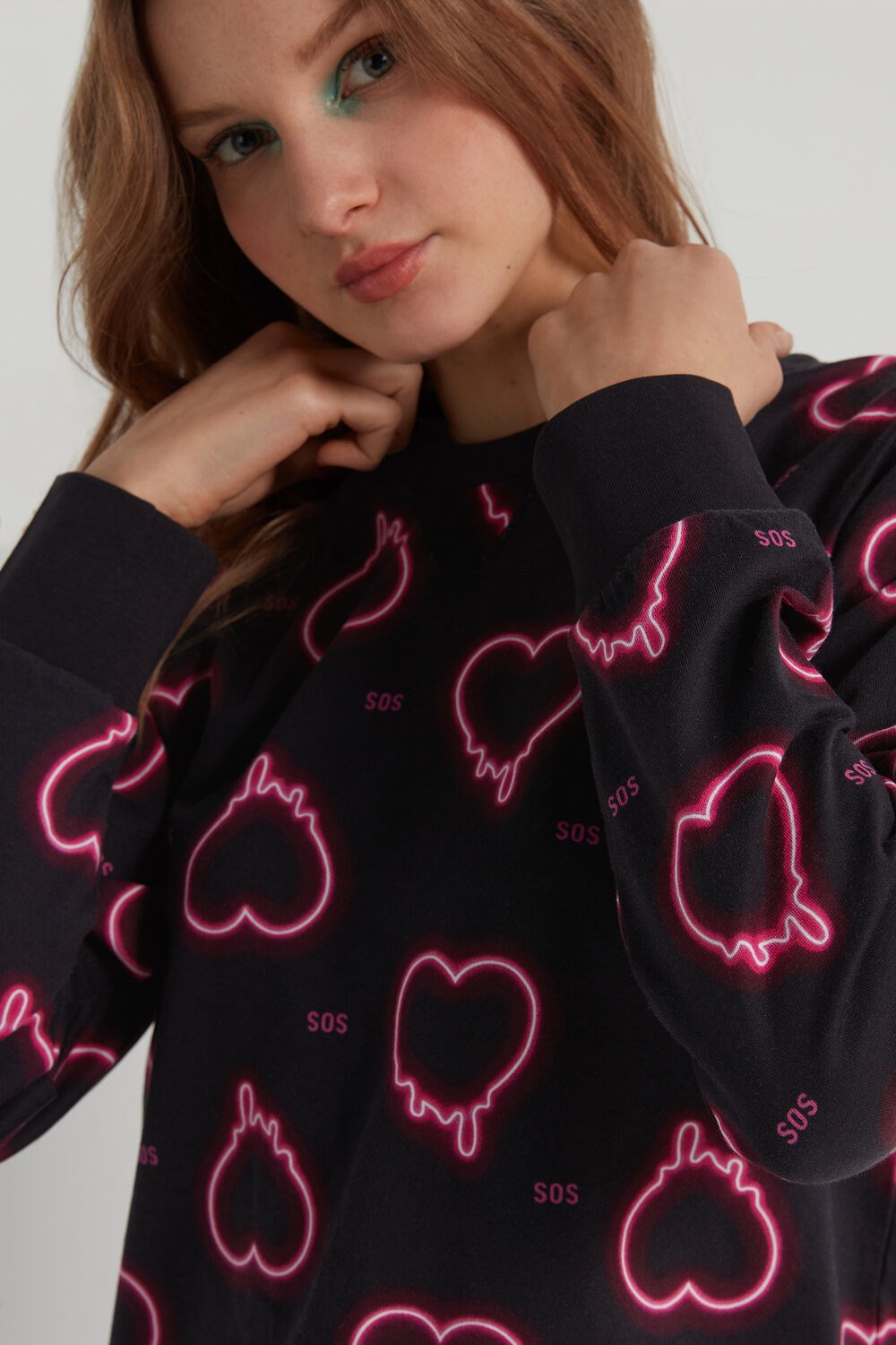 Black Black Neon Hearts Print 332v Tezenis Long-Sleeve Printed Cotton Sweatshirt | 613425-TDP