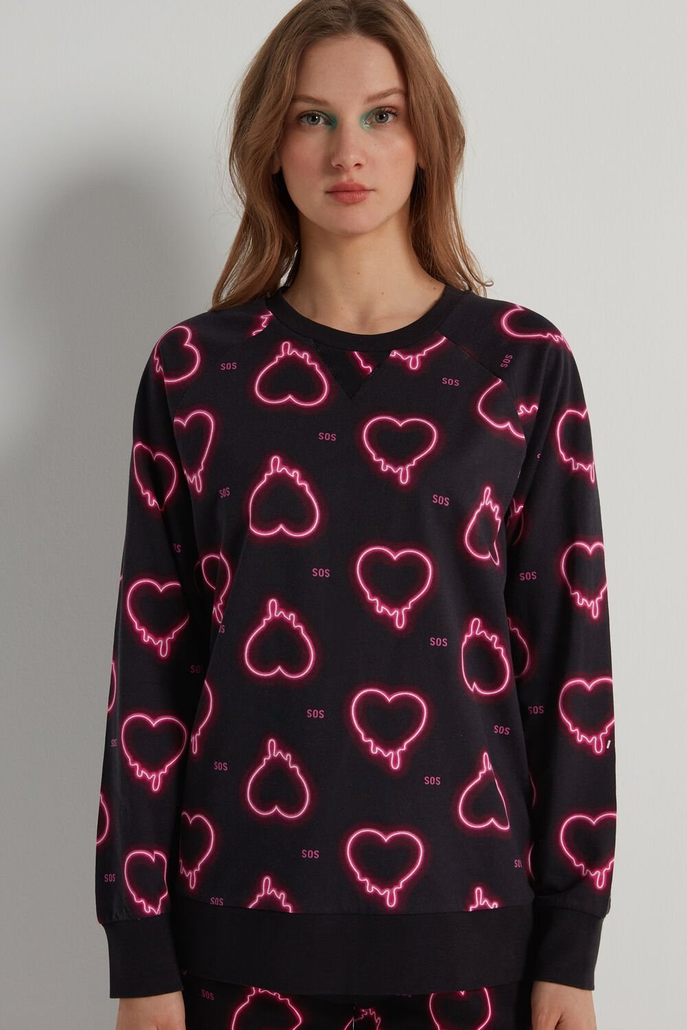 Black Black Neon Hearts Print 332v Tezenis Long-Sleeve Printed Cotton Sweatshirt | 613425-TDP