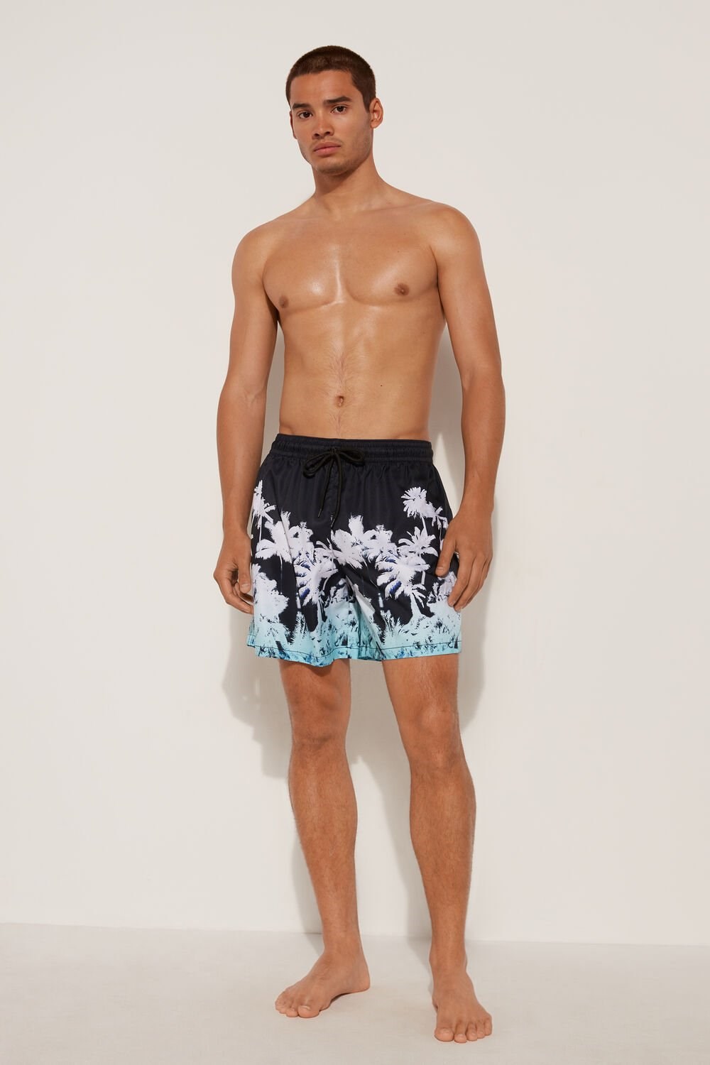 Black Black Palm Tree Print 550v Tezenis Printed Swim Trunks | 105493-UBT