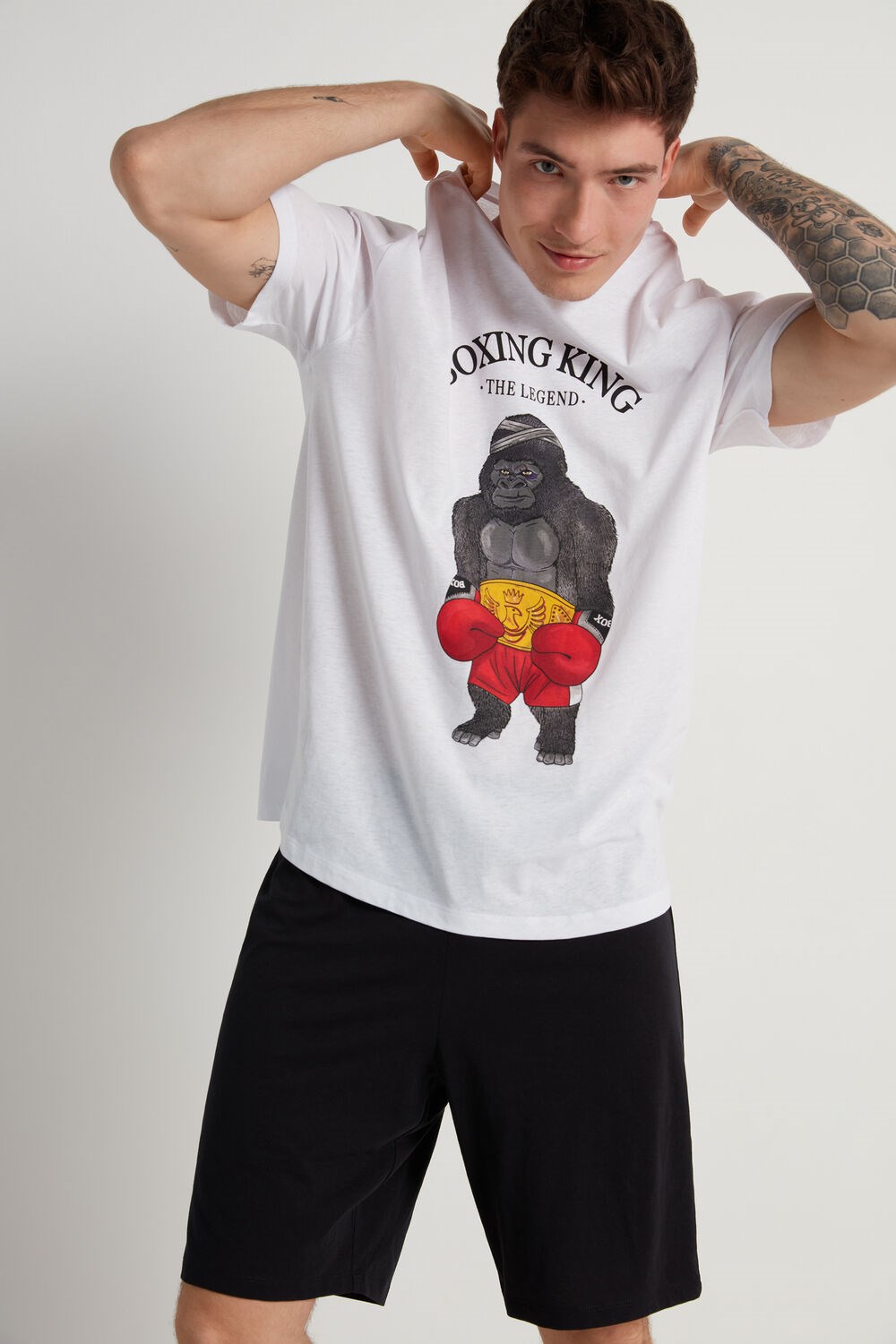 Black White Boxing King Print 404v Tezenis Boxing King Print Short Cotton Pajamas | 563948-KTP