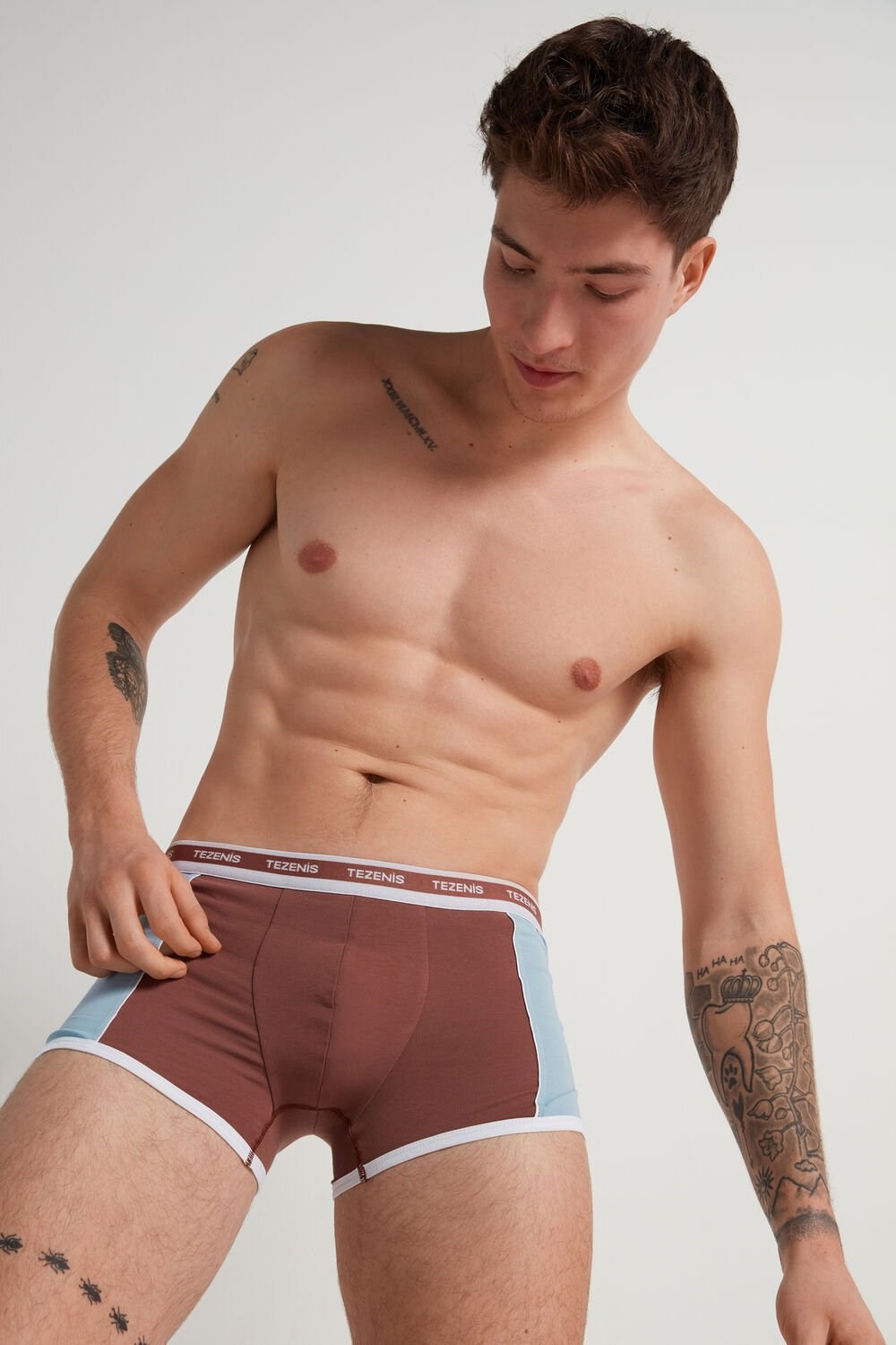 Blue Bark Brown/Ice Blue 543v Tezenis Two-tone Cotton Boxers with Logoed Elastic | 897501-MKF