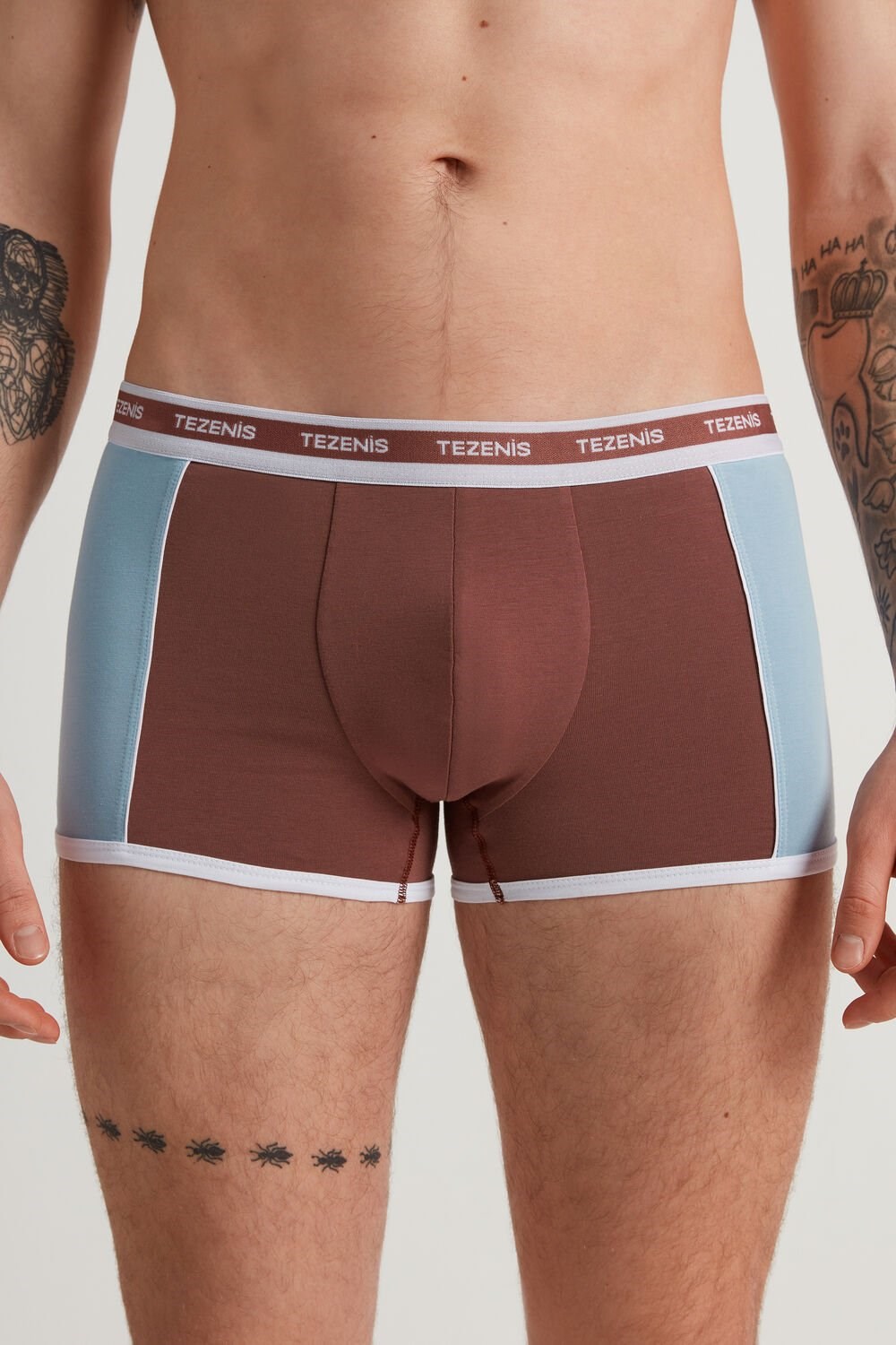 Blue Bark Brown/Ice Blue 543v Tezenis Two-tone Cotton Boxers with Logoed Elastic | 897501-MKF