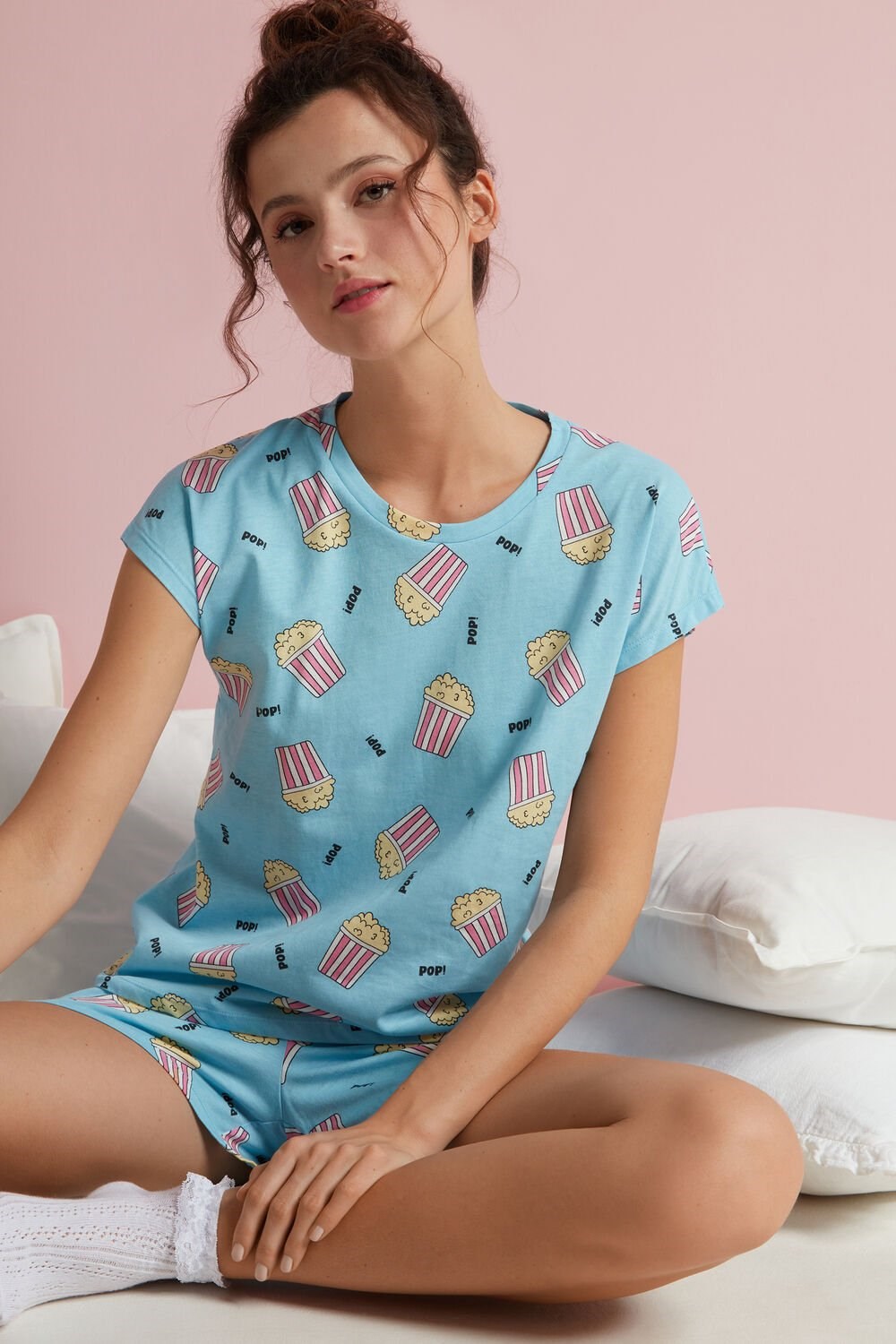 Blue Candy Blue Popcorn Print 345v Tezenis Popcorn Print Cotton Short Pajamas | 132540-GIQ