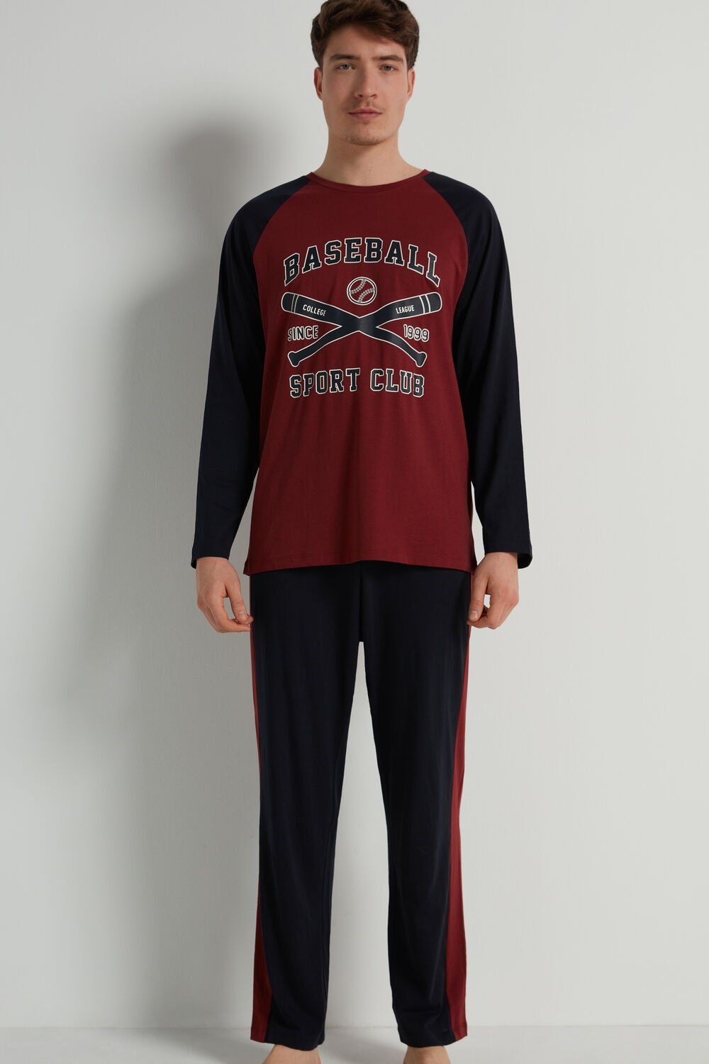 Blue Dark Blue/Brick Red 417v Tezenis Men’s Full-Length Cotton Baseball Print Pajamas | 560241-EBQ