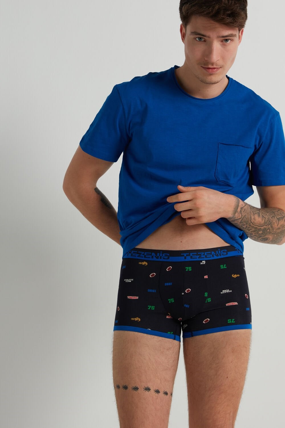 Blue Dark Blue College Print 413v Tezenis Printed Cotton Boxers with Logo Elastic Waistband | 468972-LBY