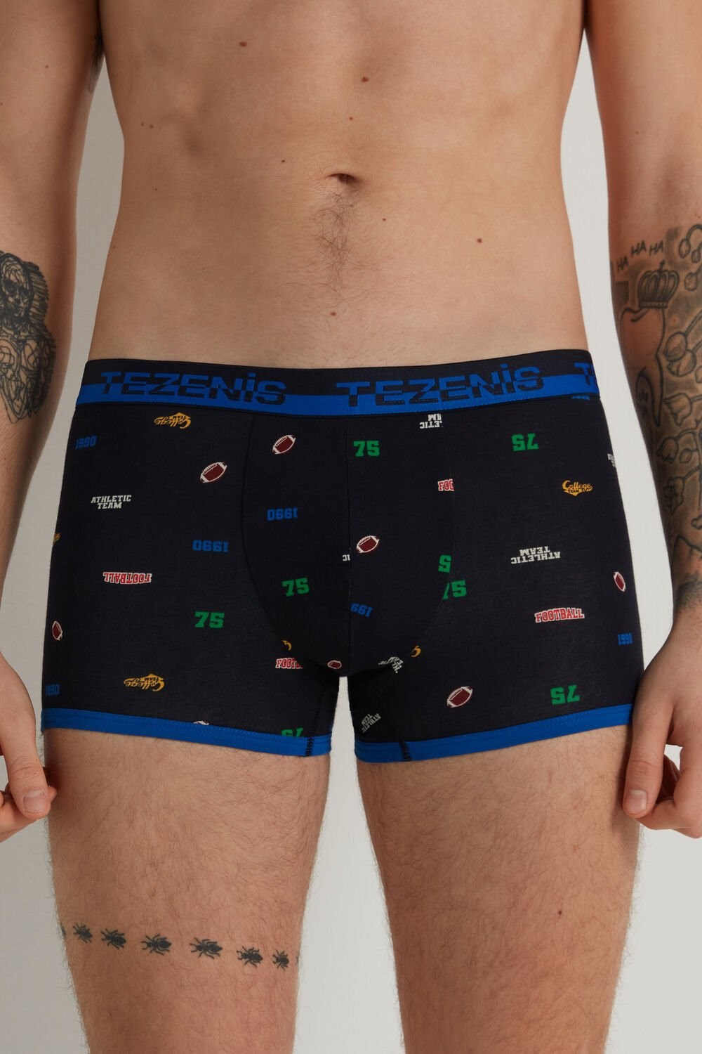 Blue Dark Blue College Print 413v Tezenis Printed Cotton Boxers with Logo Elastic Waistband | 468972-LBY